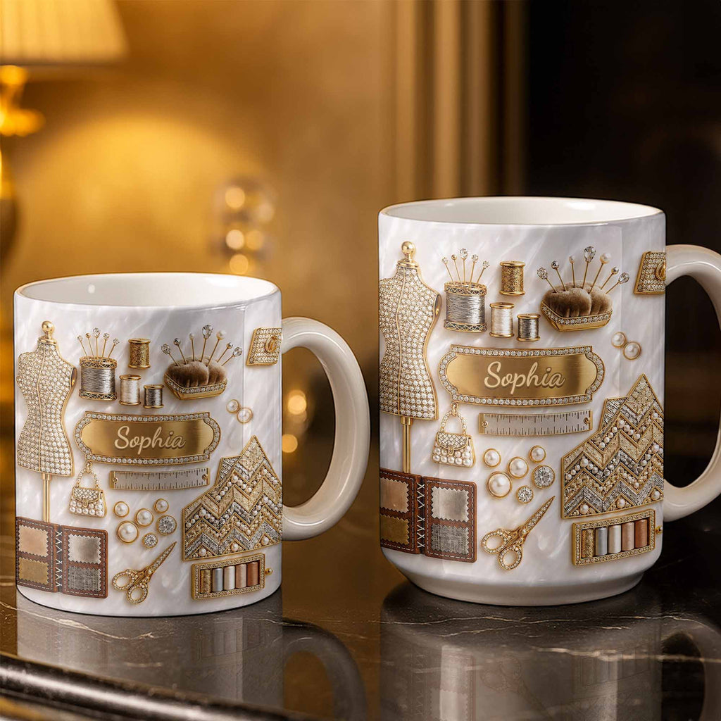 Personalized 3D Golden Sewing Machine Mug Custom Name Gift for Crafters Edge-to-edge Mug GradoCreations