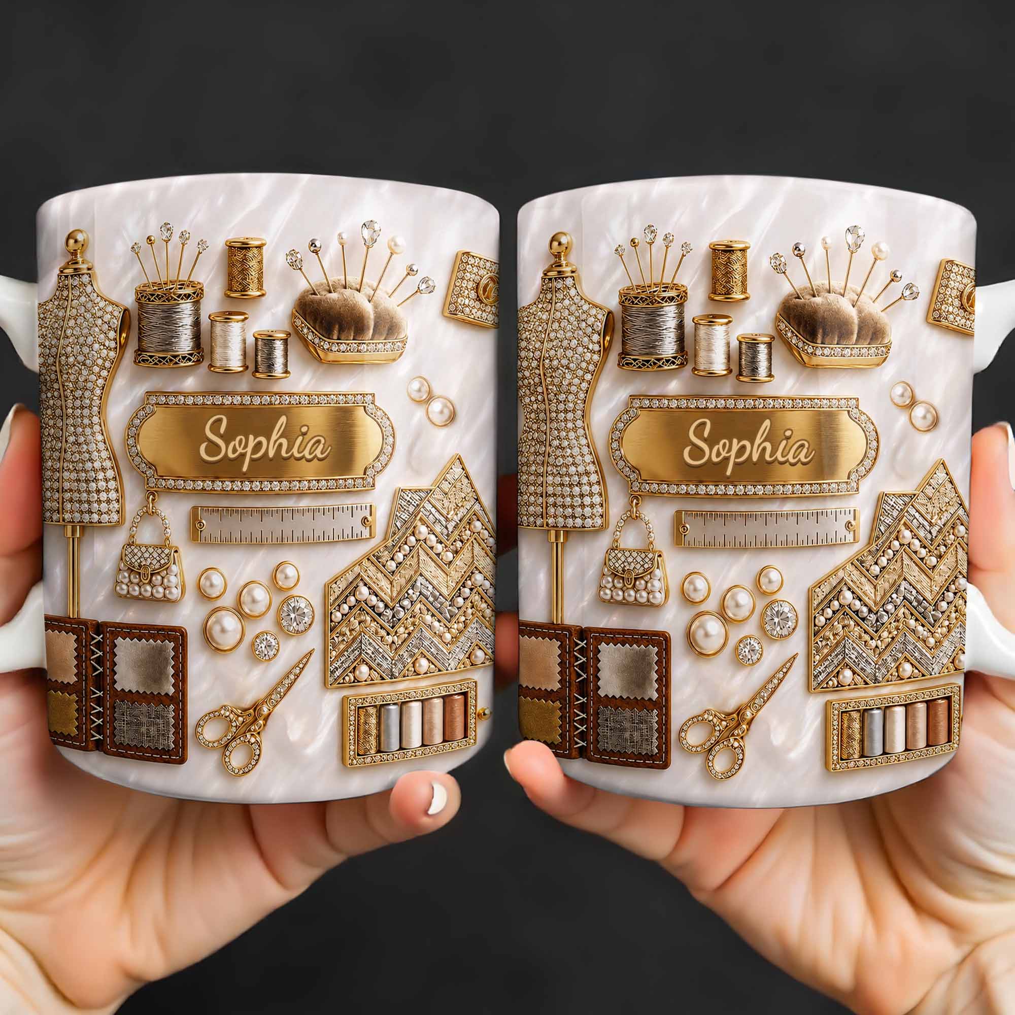 Personalized 3D Golden Sewing Machine Mug Custom Name Gift for Crafters Edge-to-edge Mug GradoCreations