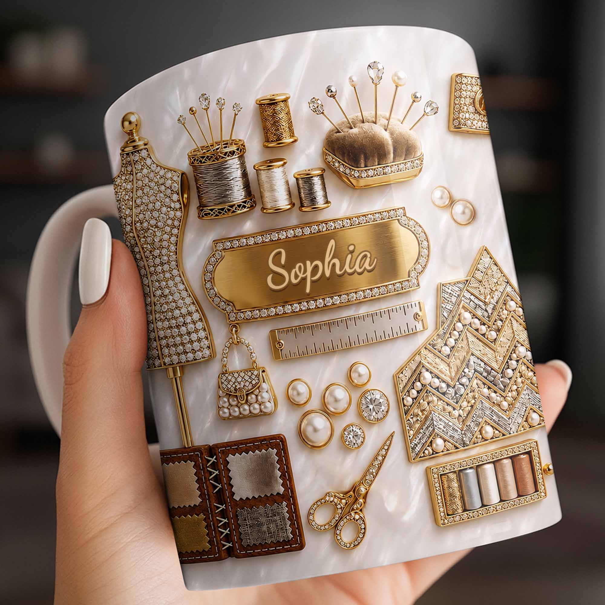 Personalized 3D Golden Sewing Machine Mug Custom Name Gift for Crafters Edge-to-edge Mug GradoCreations