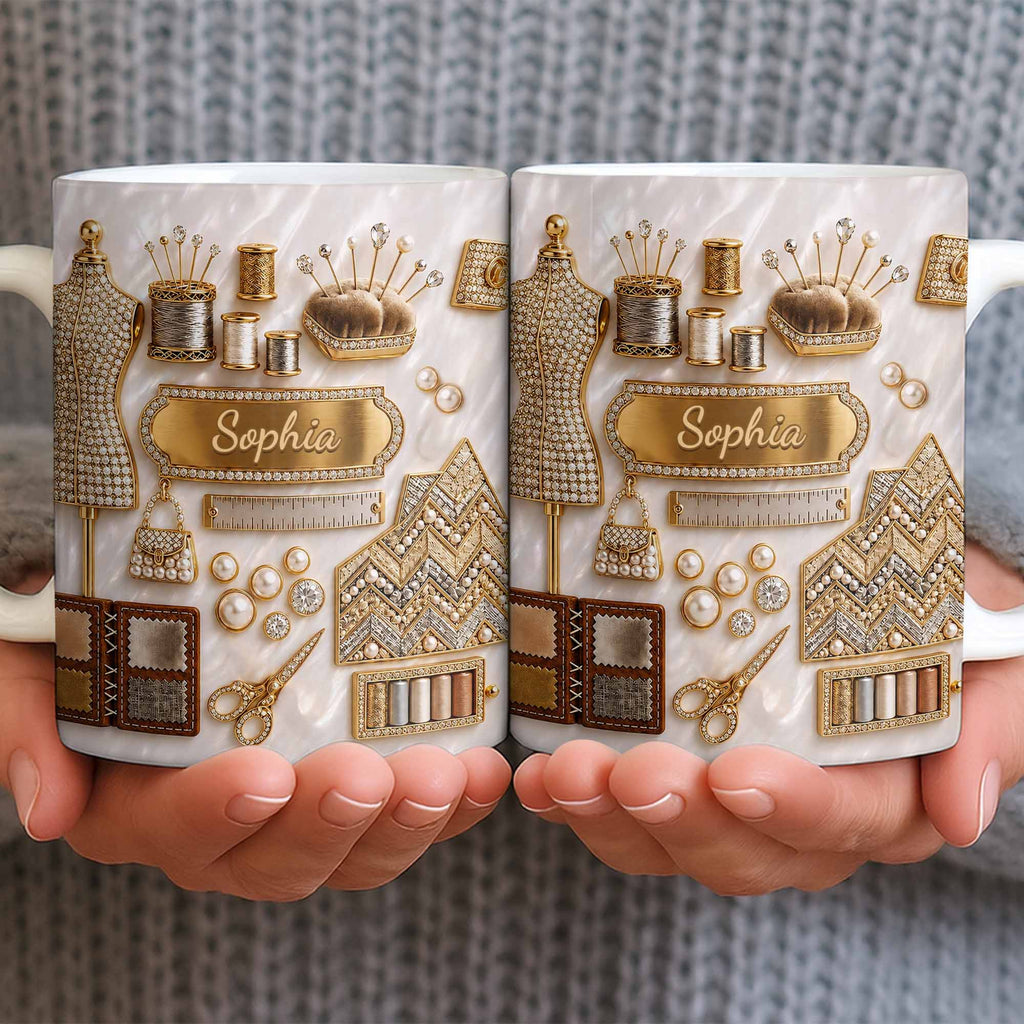 Personalized 3D Golden Sewing Machine Mug Custom Name Gift for Crafters Edge-to-edge Mug GradoCreations