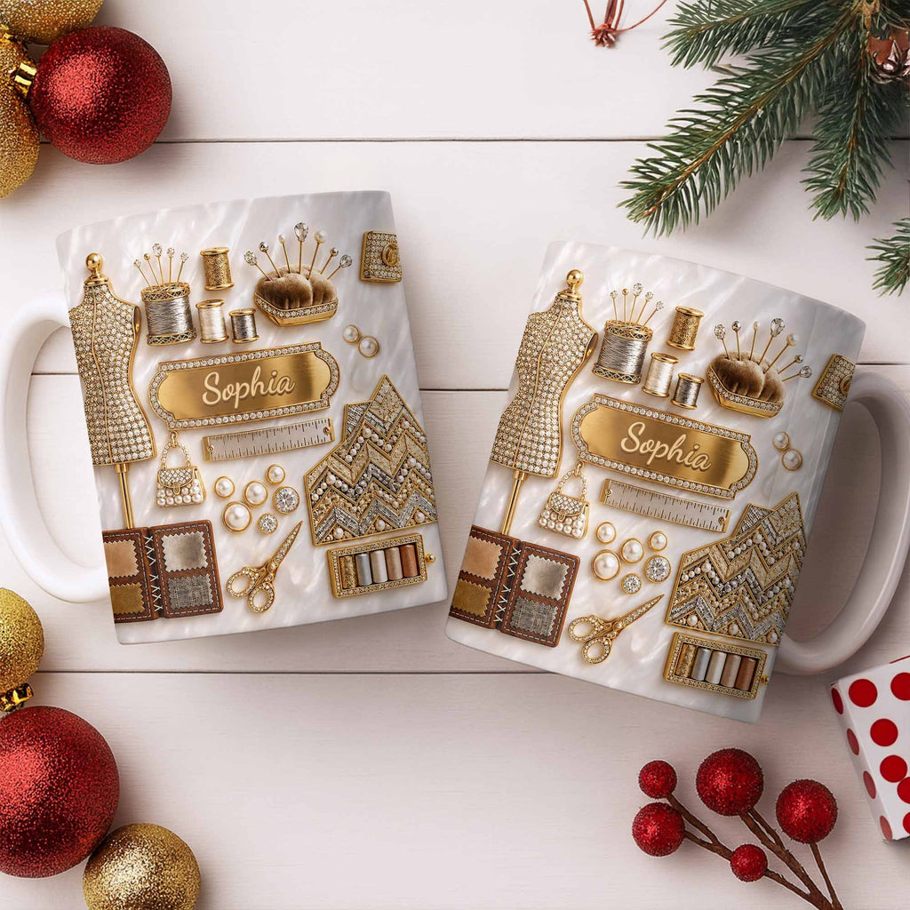 Personalized 3D Golden Sewing Machine Mug Custom Name Gift for Crafters Edge-to-edge Mug GradoCreations