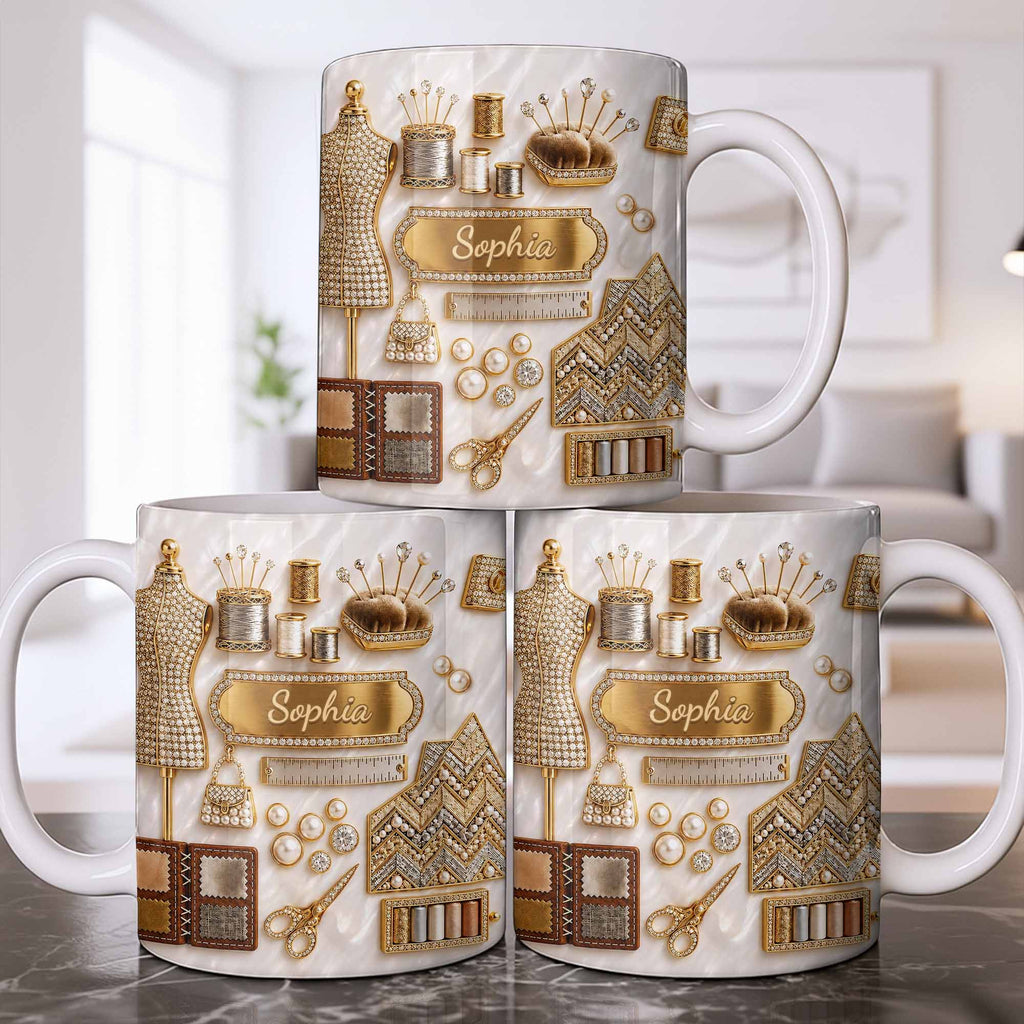 Personalized 3D Golden Sewing Machine Mug Custom Name Gift for Crafters Edge-to-edge Mug GradoCreations