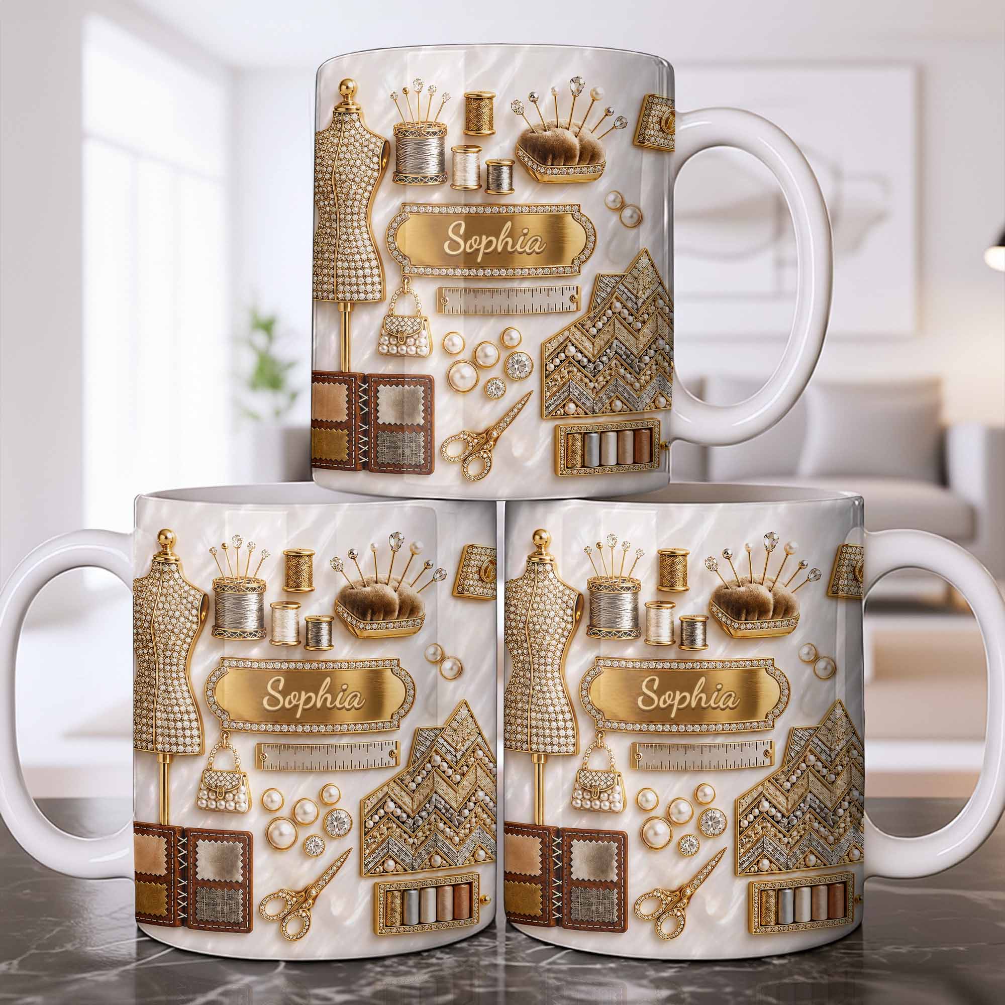 Personalized 3D Golden Sewing Machine Mug Custom Name Gift for Crafters Edge-to-edge Mug GradoCreations