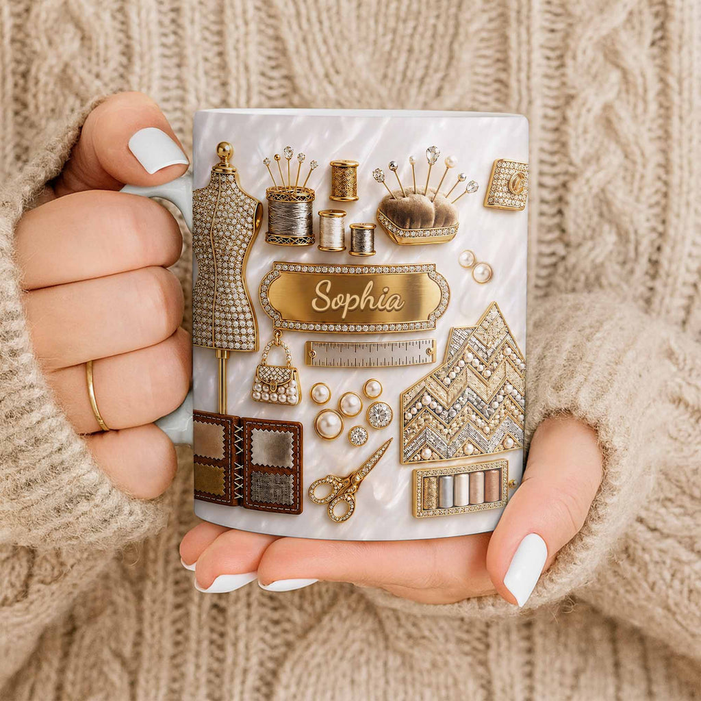 Personalized 3D Golden Sewing Machine Mug Custom Name Gift for Crafters Edge-to-edge Mug GradoCreations