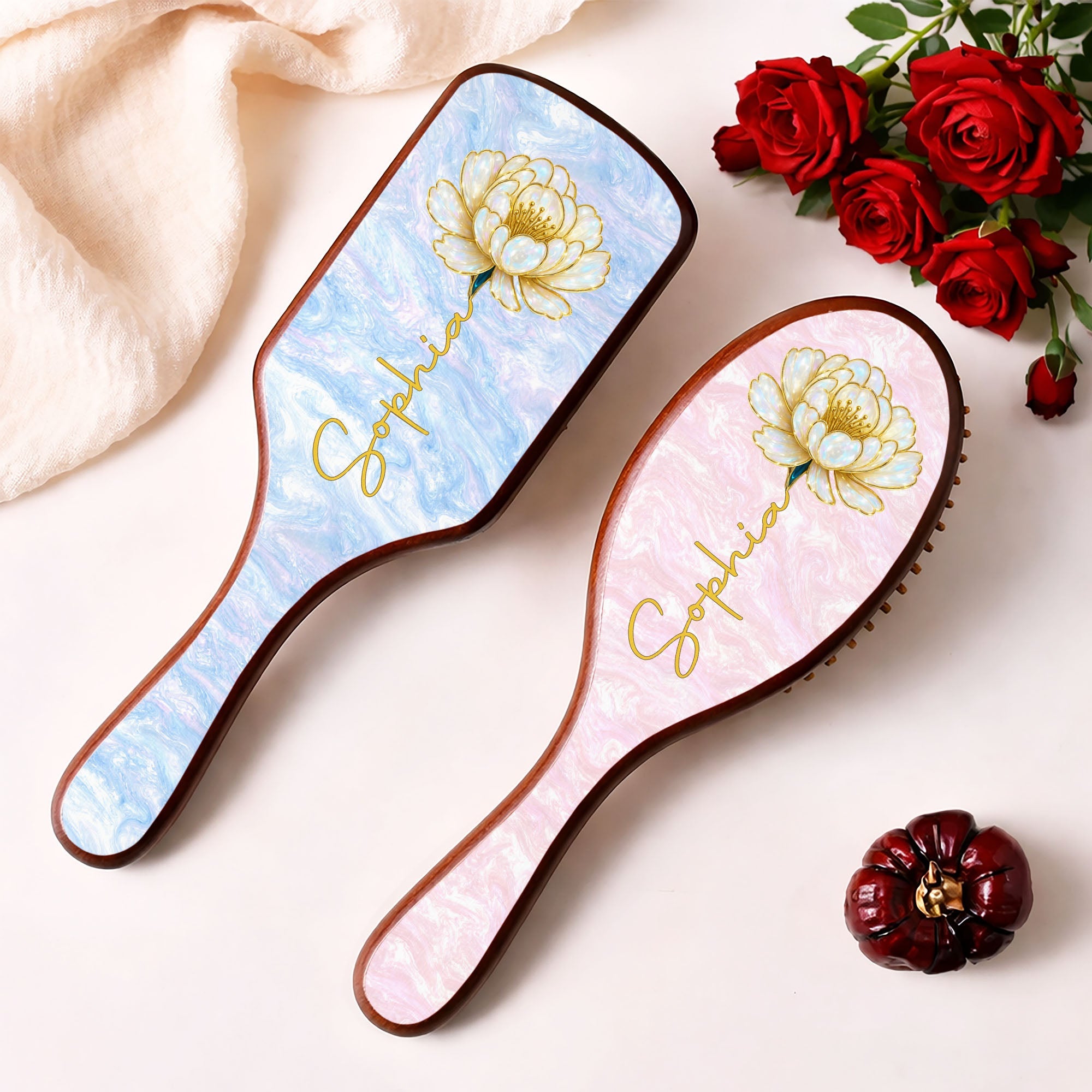 Personalized Bamboo Hair Brush with Birth Month Flowers Gift for Her Wooden Hair Brush GradoCreations