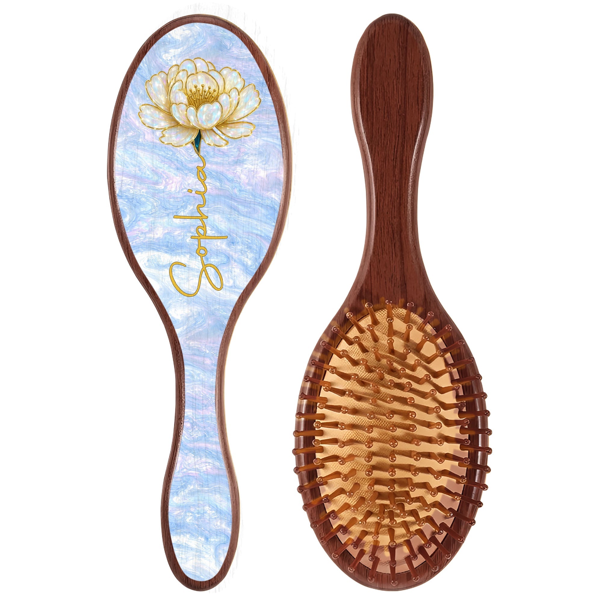 Personalized Bamboo Hair Brush with Birth Month Flowers Gift for Her Wooden Hair Brush GradoCreations