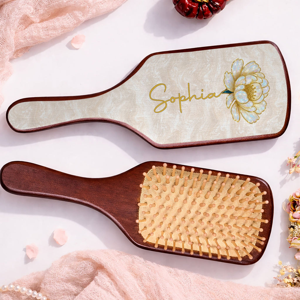 Personalized Bamboo Hair Brush with Birth Month Flowers Gift for Her Wooden Hair Brush GradoCreations