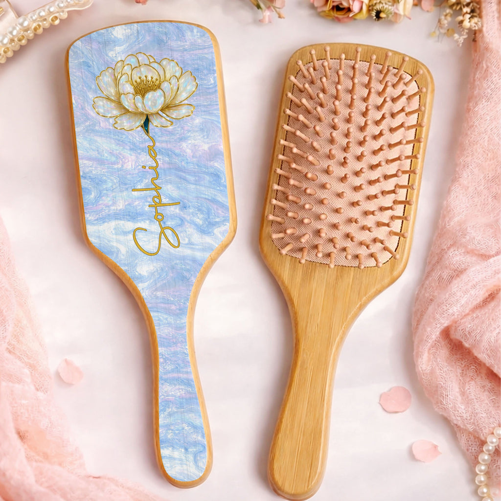 Personalized Bamboo Hair Brush with Birth Month Flowers Gift for Her Wooden Hair Brush GradoCreations