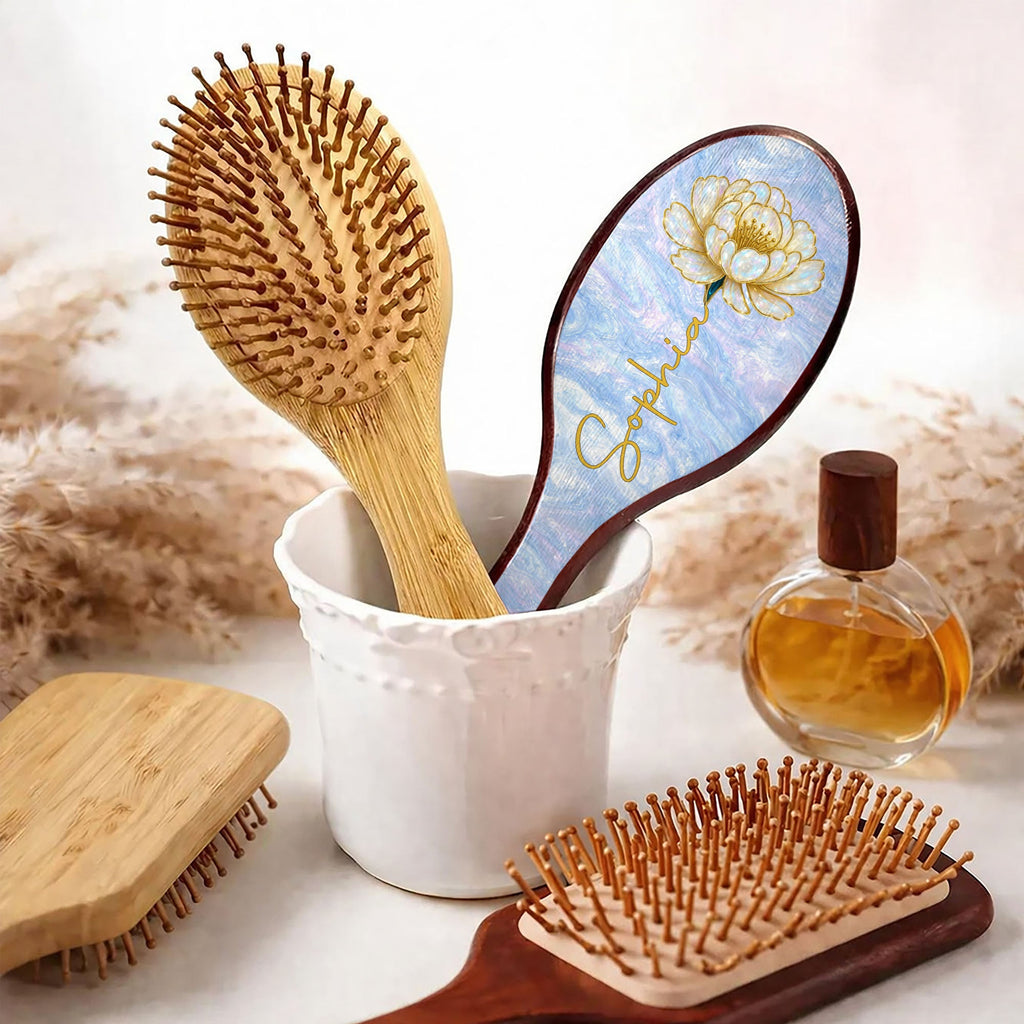 Personalized Bamboo Hair Brush with Birth Month Flowers Gift for Her Wooden Hair Brush GradoCreations