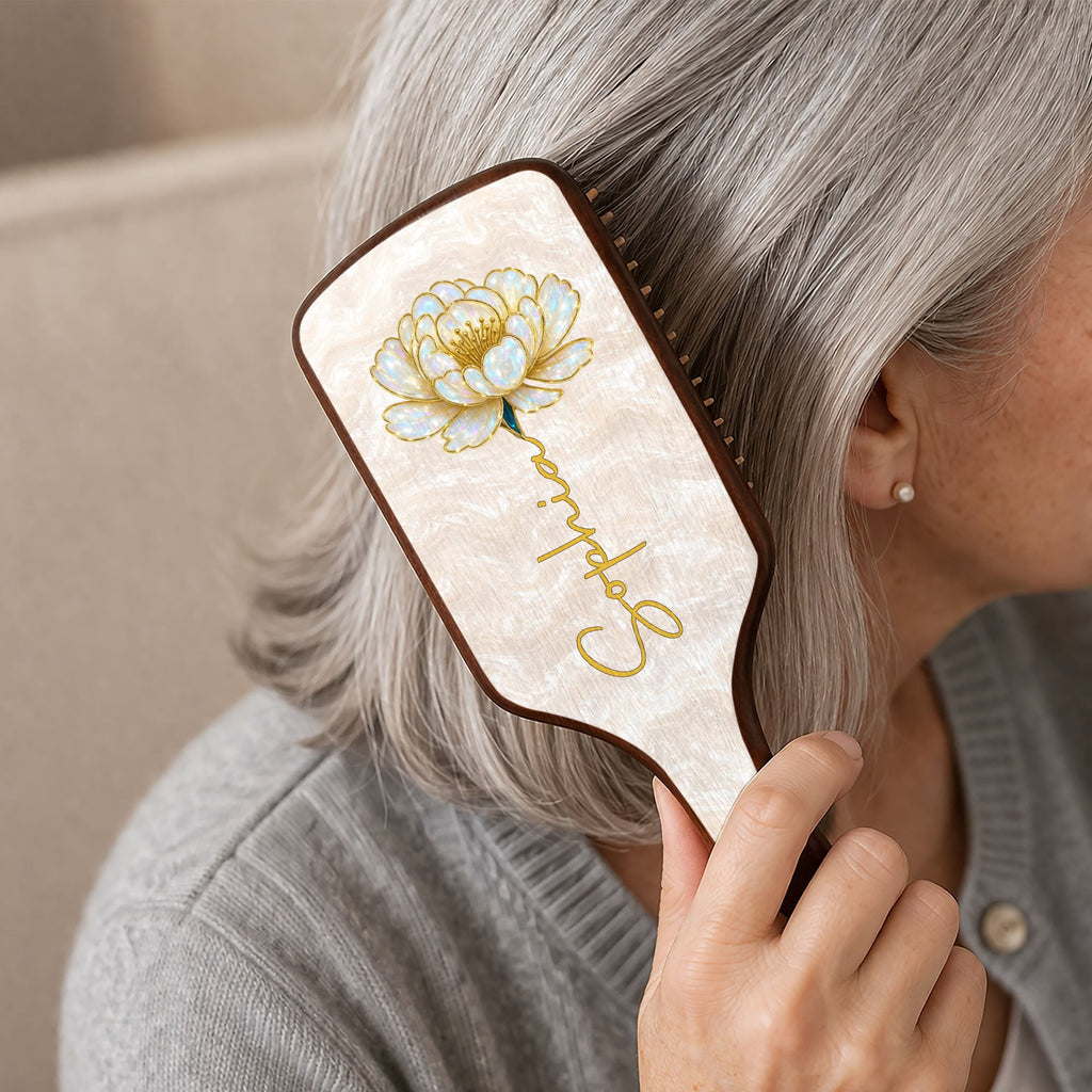 Personalized Bamboo Hair Brush with Birth Month Flowers Gift for Her Wooden Hair Brush GradoCreations