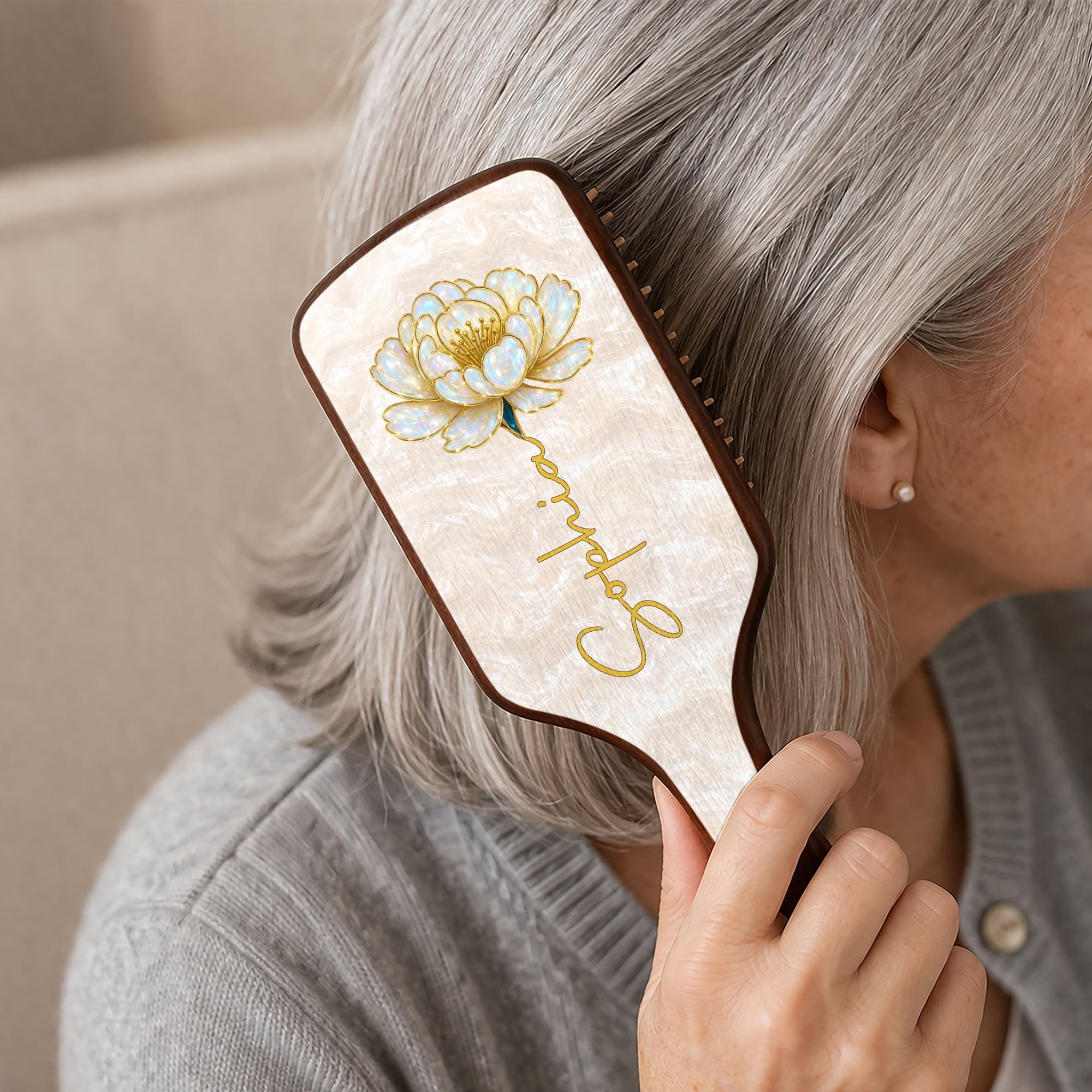 Personalized Bamboo Hair Brush with Birth Month Flowers Gift for Her Wooden Hair Brush GradoCreations