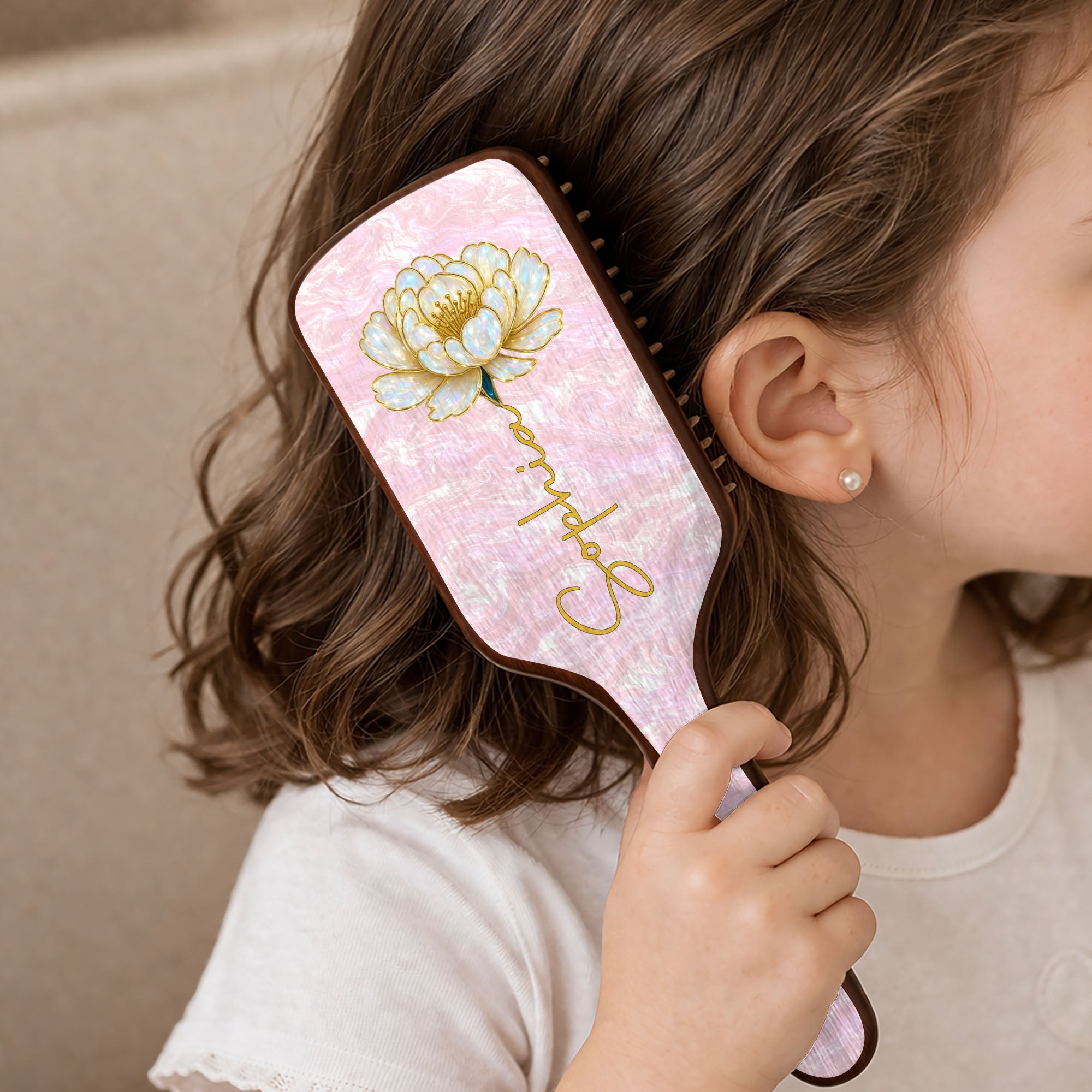 Personalized Bamboo Hair Brush with Birth Month Flowers Gift for Her Wooden Hair Brush GradoCreations