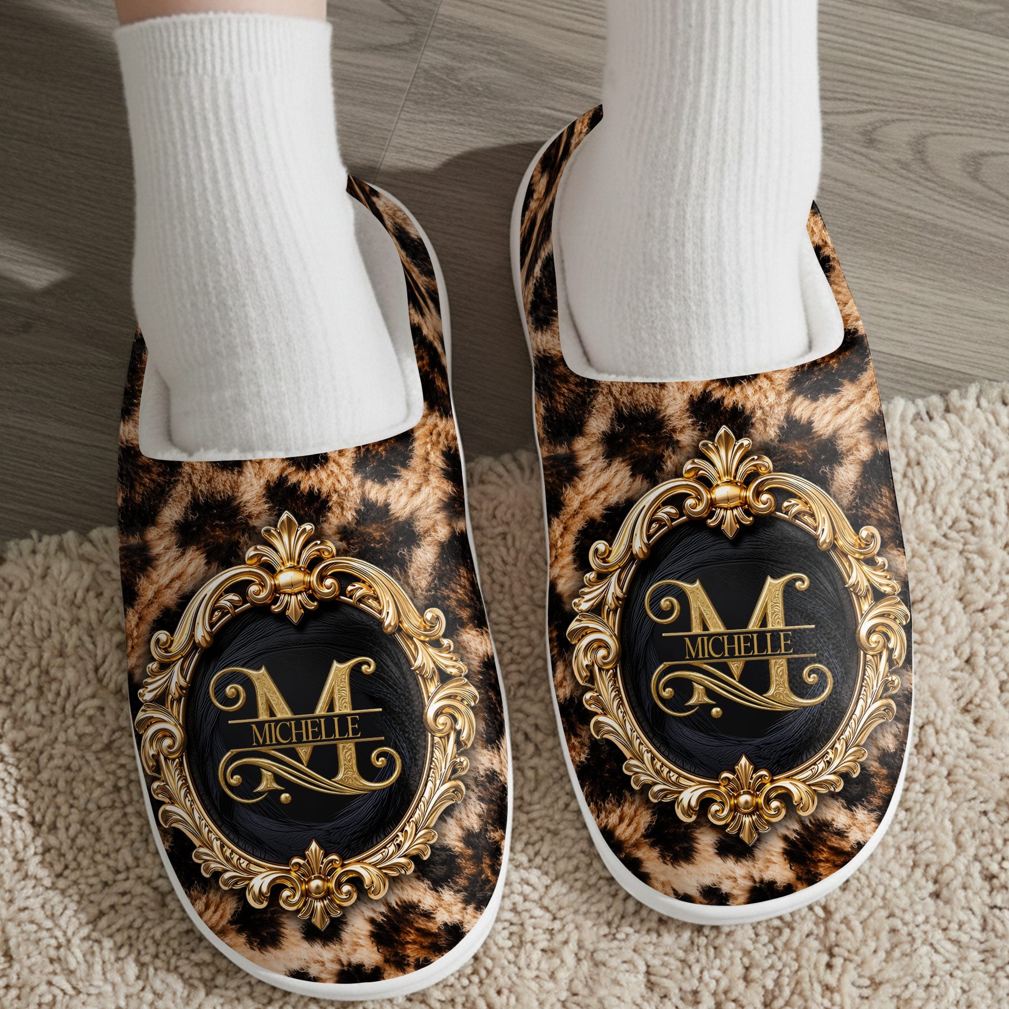 Personalized Plush Slippers Custom Golden Alphabet Art Gift for Her Slippers GradoCreations