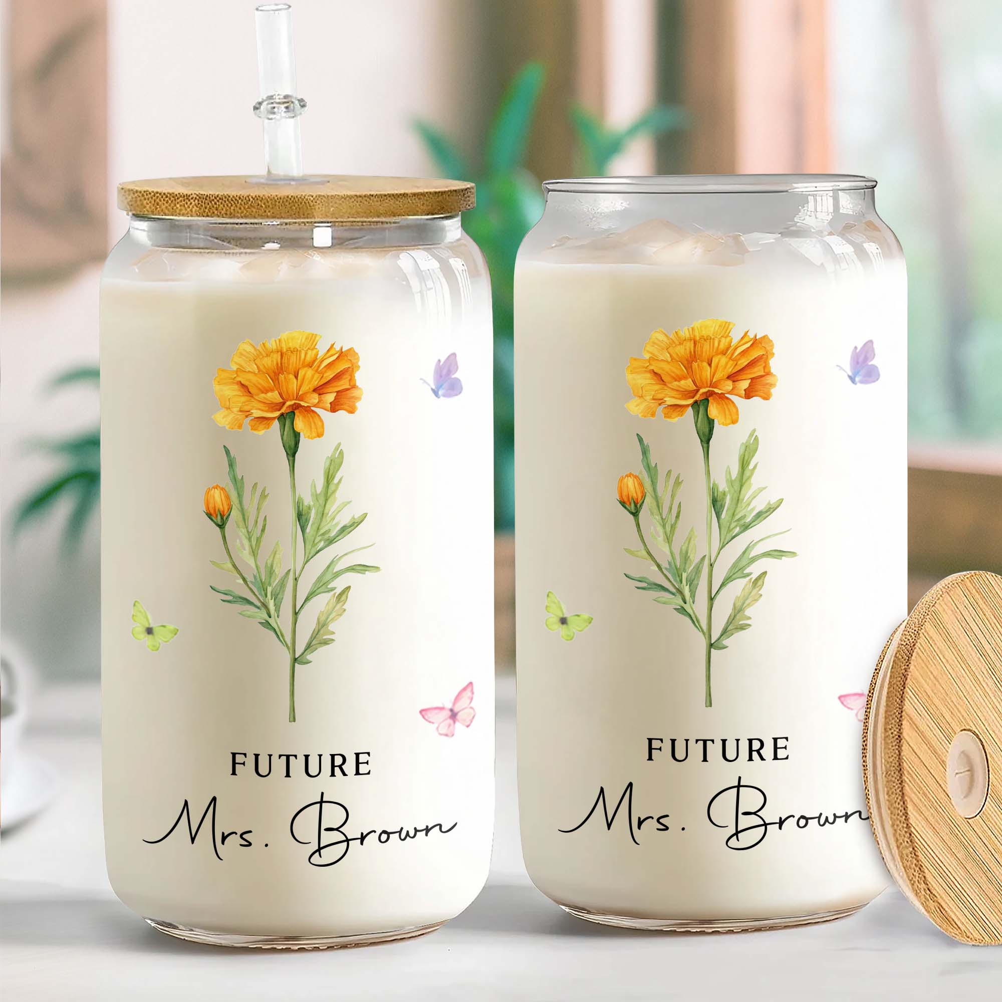 Personalized Clear Glass Can with Butterflies for Bride-to-Be Clear Glass Can GradoCreations
