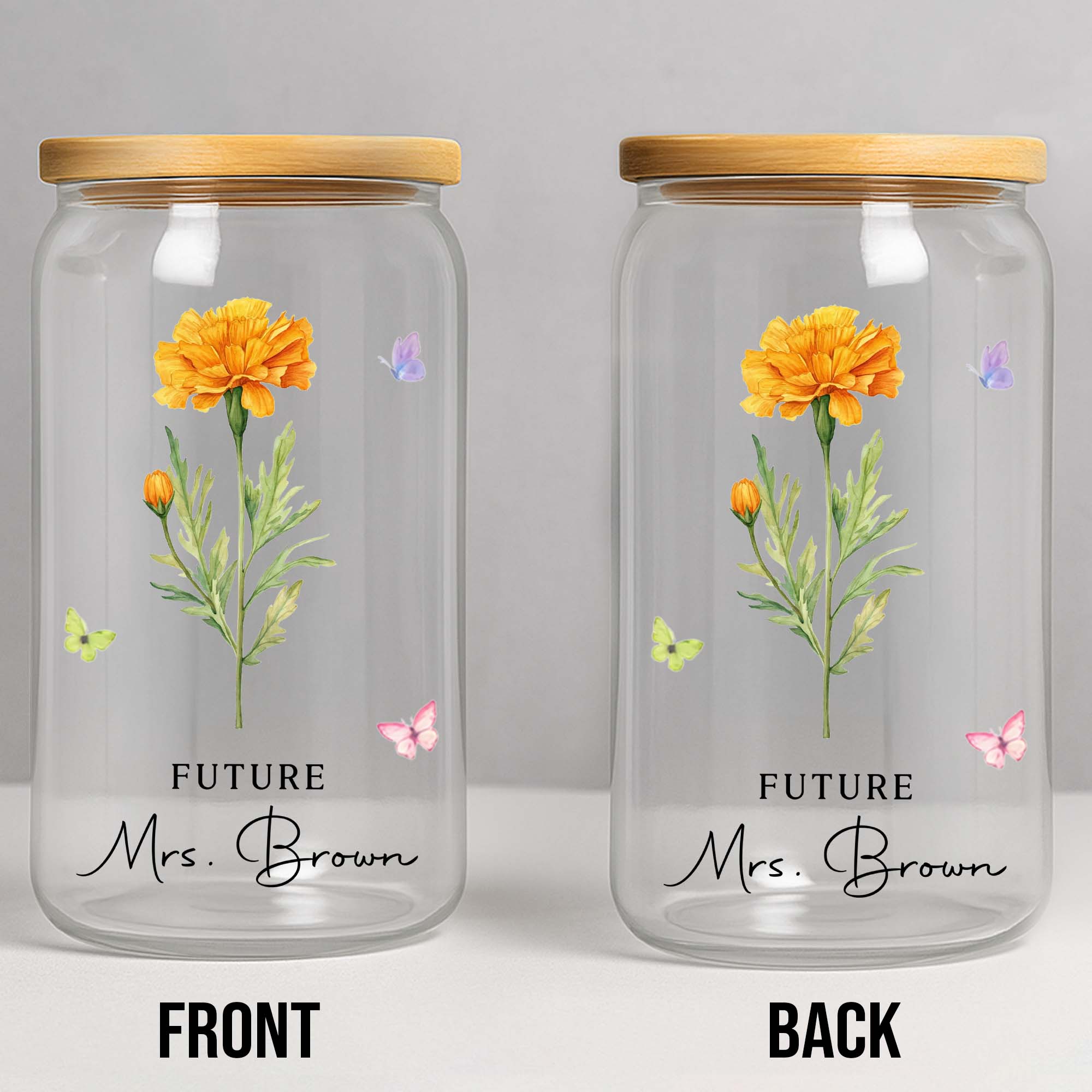 Personalized Clear Glass Can with Butterflies for Bride-to-Be Clear Glass Can GradoCreations
