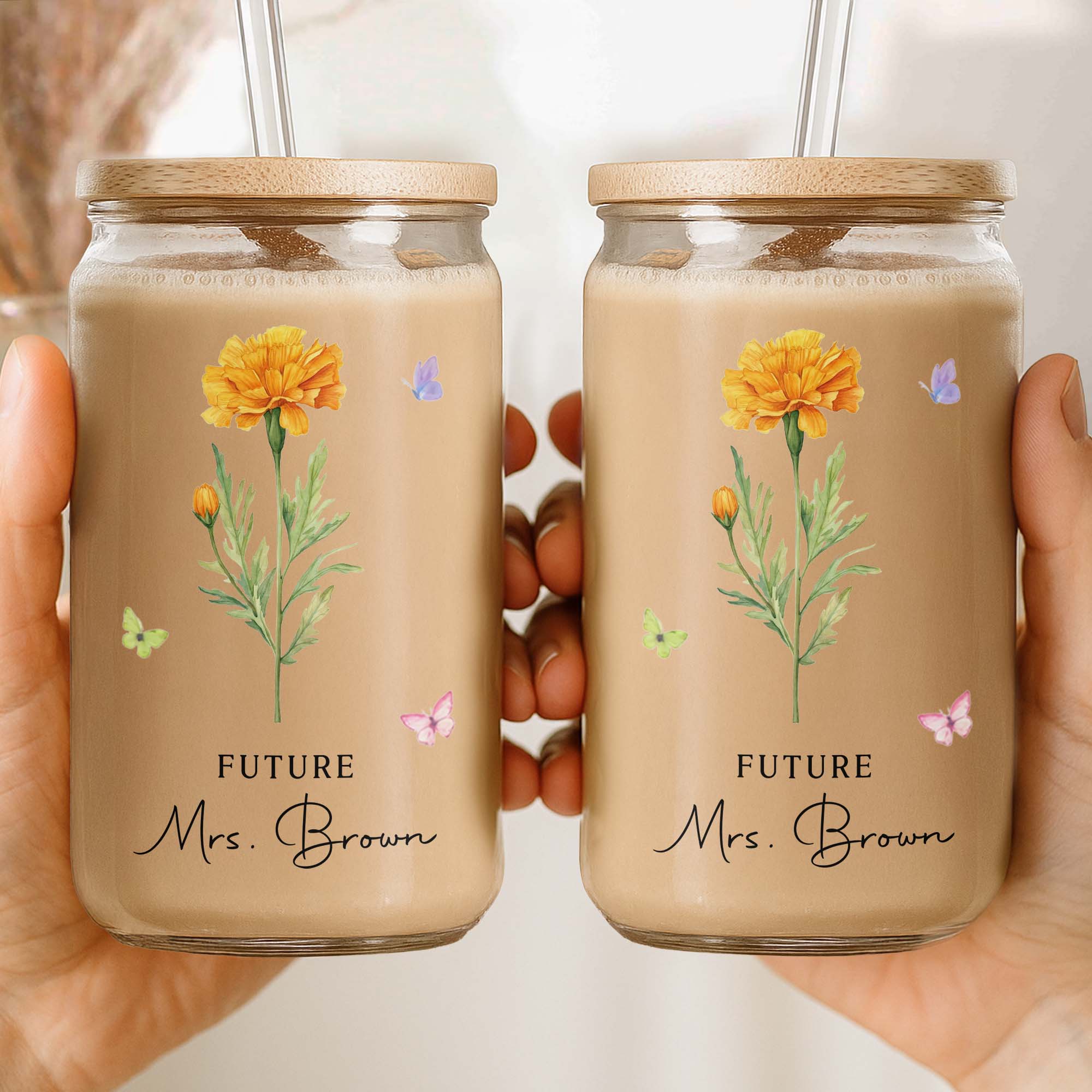 Personalized Clear Glass Can with Butterflies for Bride-to-Be Clear Glass Can GradoCreations