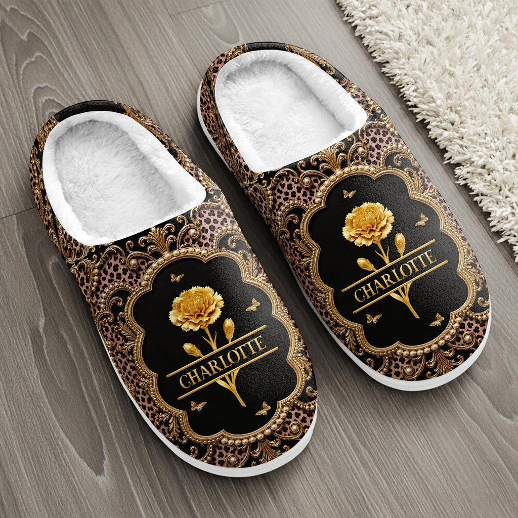 Personalized Golden Birth Month Flower Slippers Custom Name Gift for Her