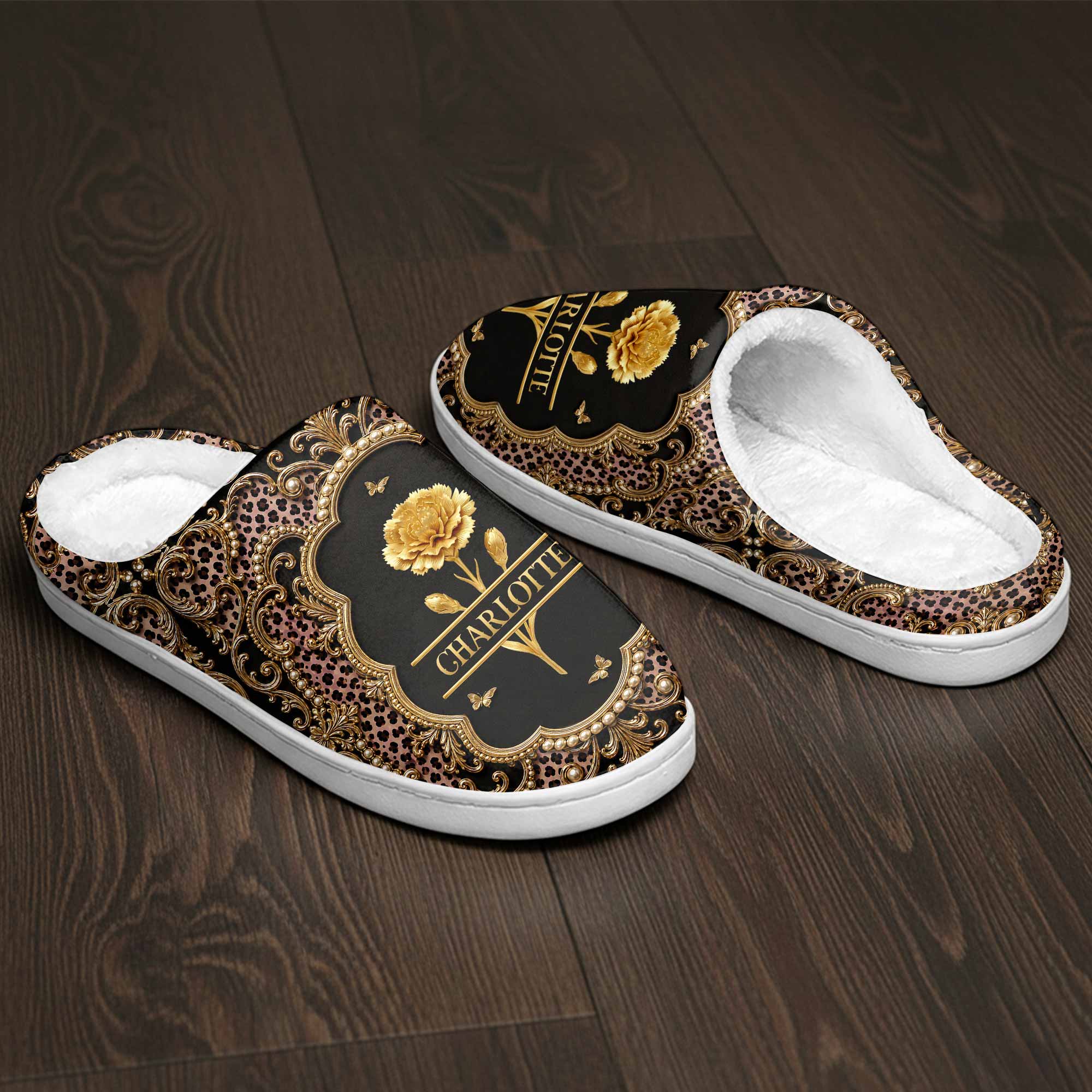 Personalized Golden Birth Month Flower Slippers Custom Name Gift for Her