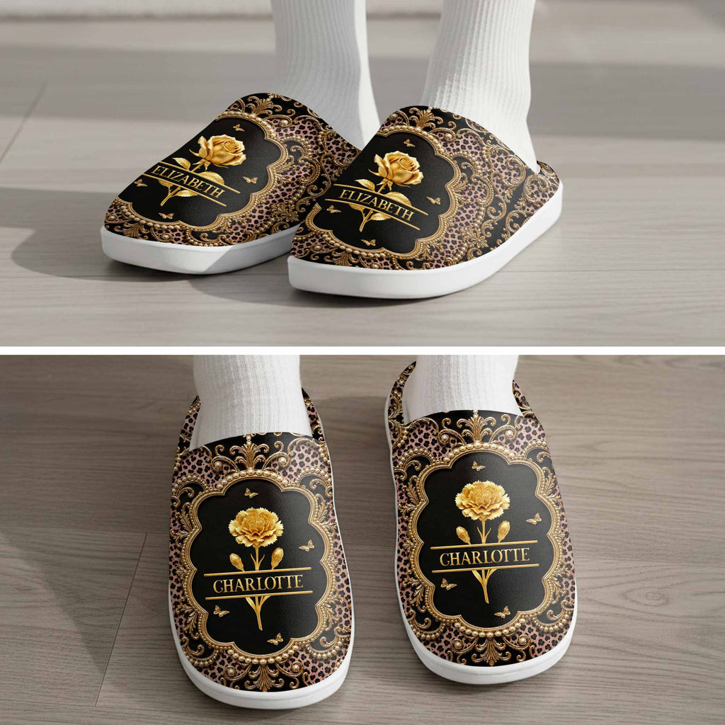 Personalized Golden Birth Month Flower Slippers Custom Name Gift for Her