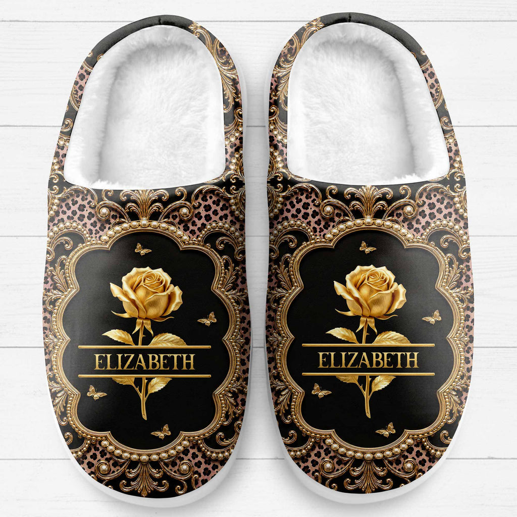 Personalized Golden Birth Month Flower Slippers Custom Name Gift for Her