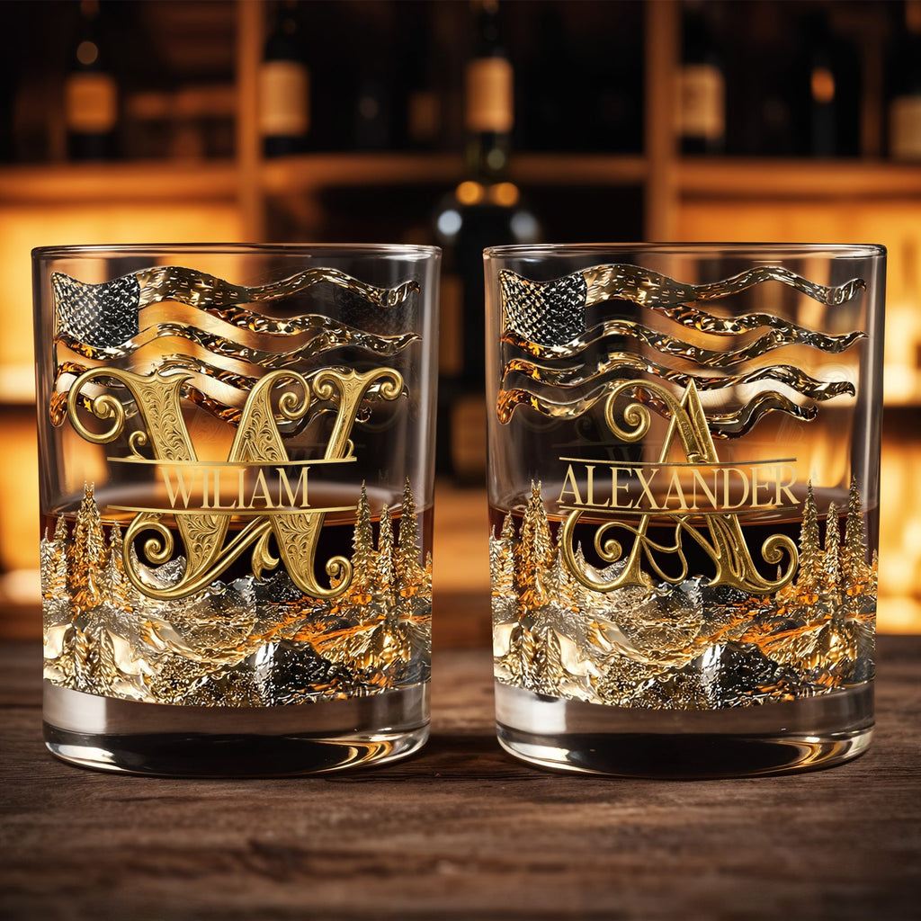Personalized Whiskey Glass Custom Initial American Flag Gift for Dad Whiskey Glass GradoCreations