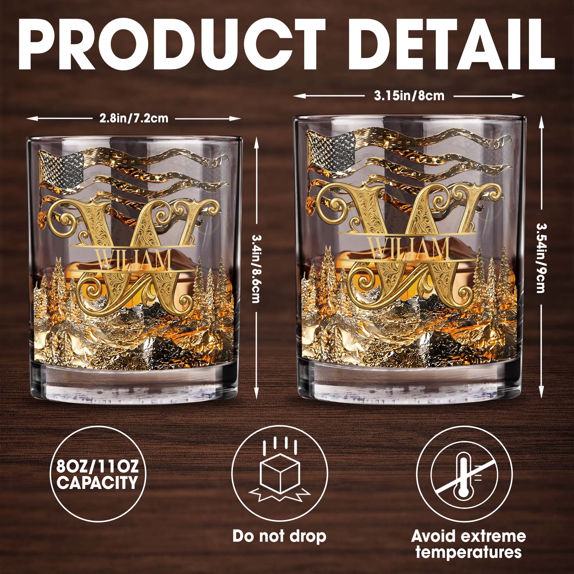 Personalized Whiskey Glass Custom Initial American Flag Gift for Dad