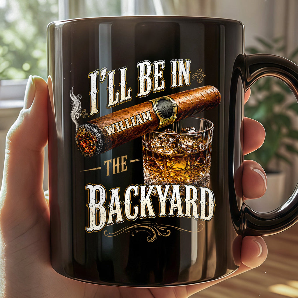 Personalized Black Mug Custom Name Backyard Cigar Gift for Him Black Mug GradoCreations