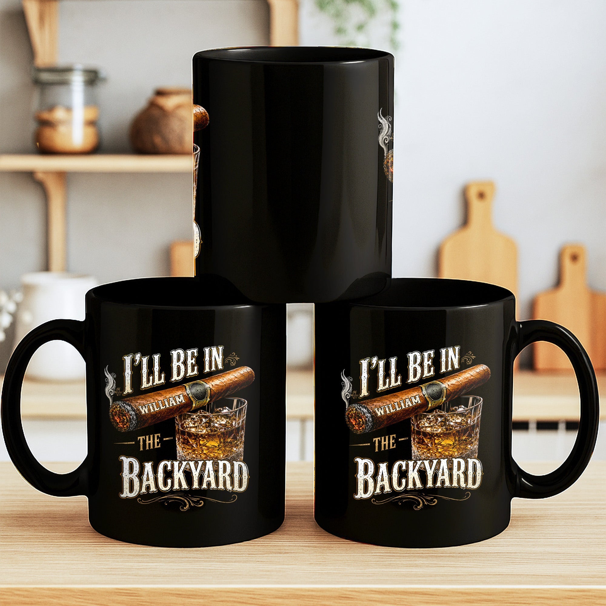 Personalized Black Mug Custom Name Backyard Cigar Gift for Him Black Mug GradoCreations