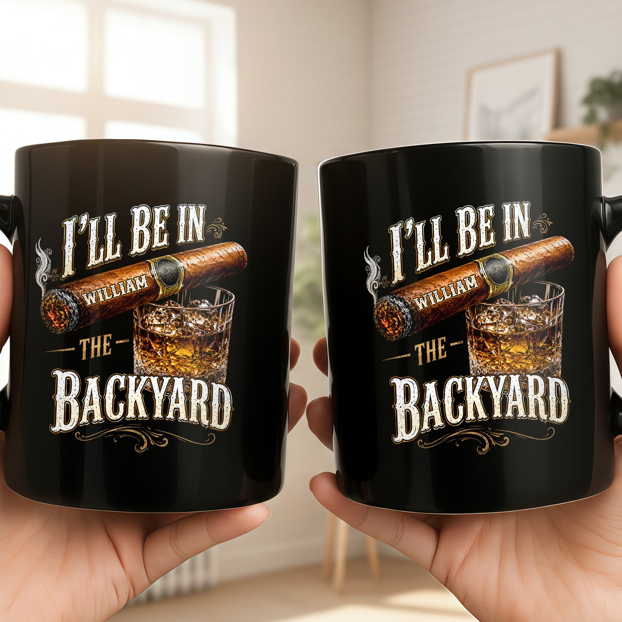 Personalized Black Mug Custom Name Backyard Cigar Gift for Him Black Mug GradoCreations