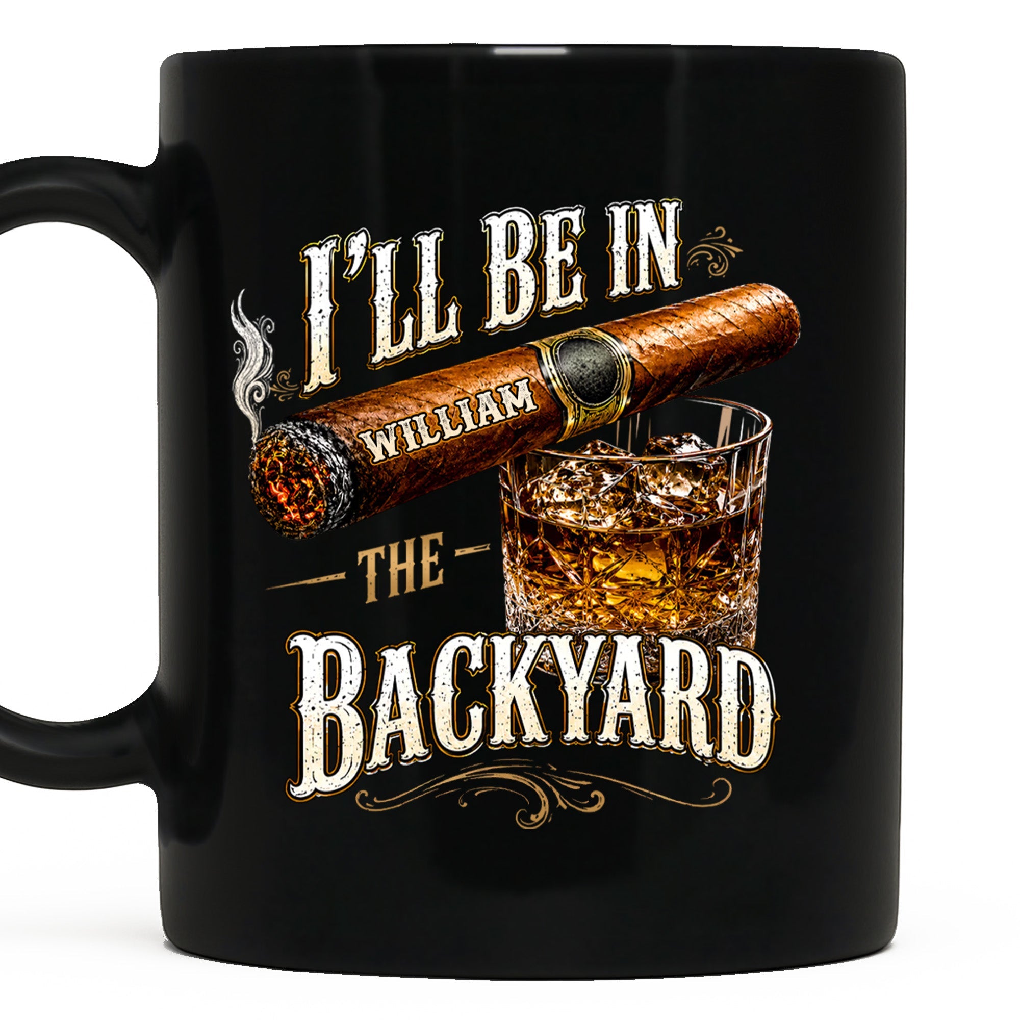 Personalized Black Mug Custom Name Backyard Cigar Gift for Him Black Mug GradoCreations