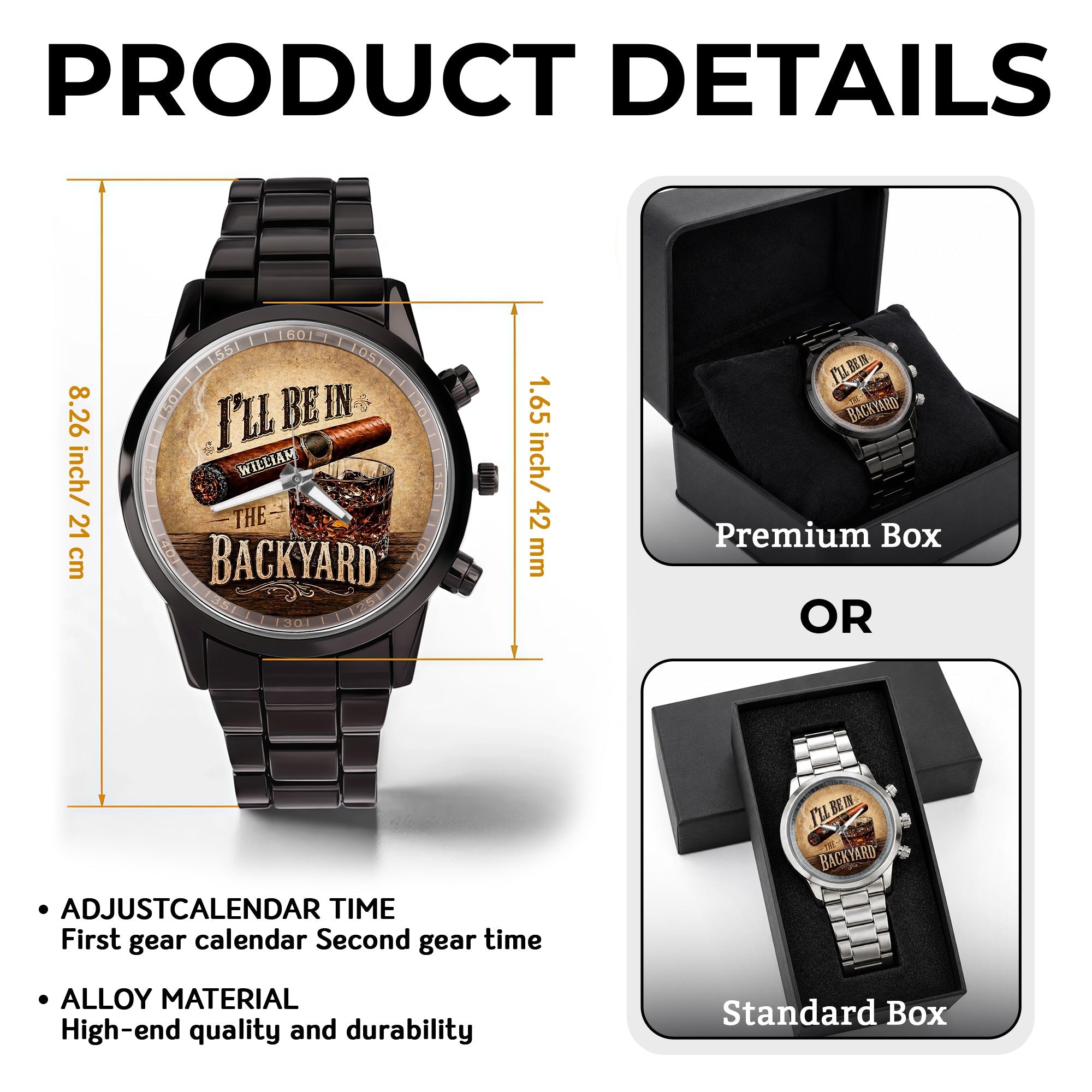 Personalized Men's Watch Custom Name Cigar Whiskey Gift for Him Men's Watch GradoCreations