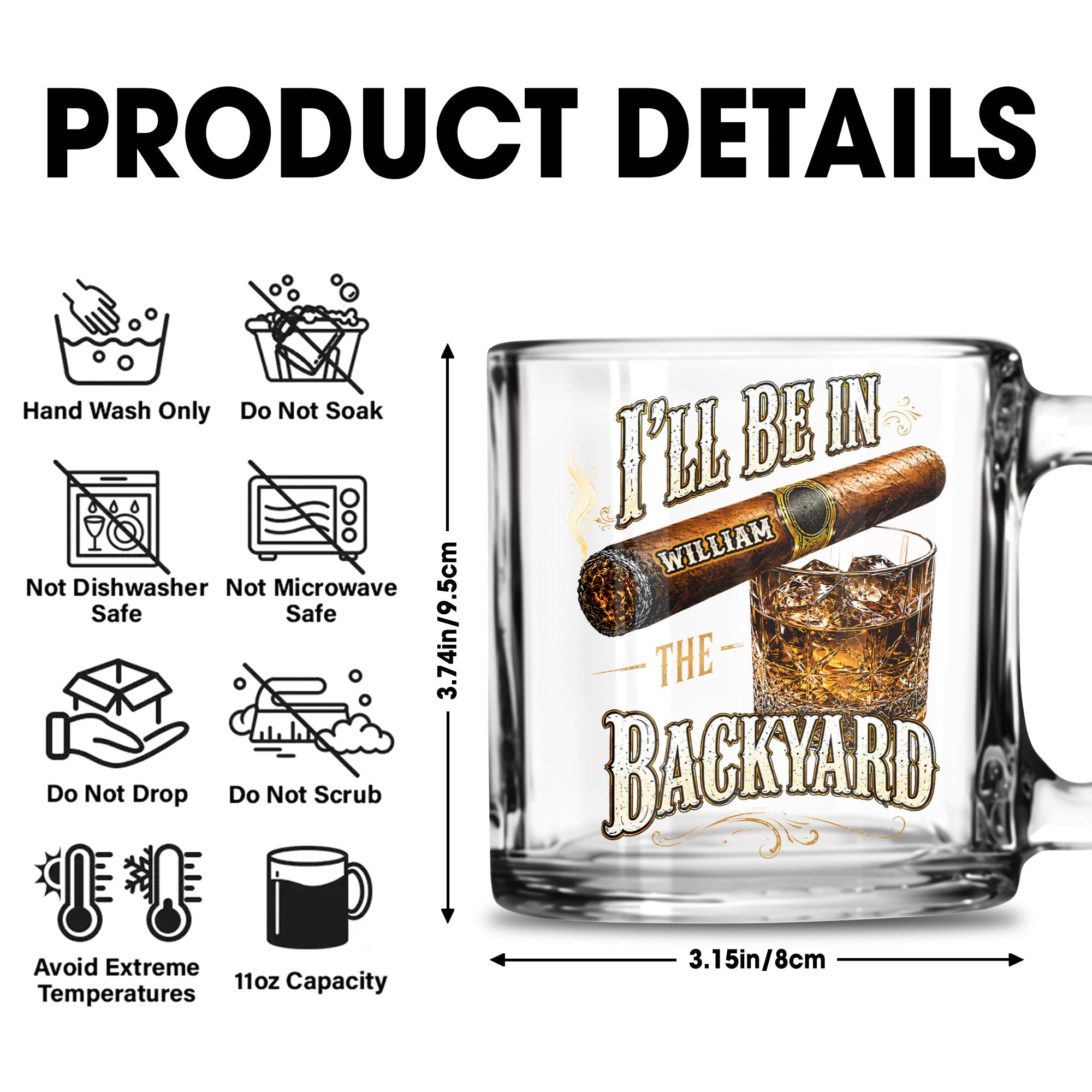Personalized Cigar Whiskey Glass Mug Custom Name Gift for Dad
