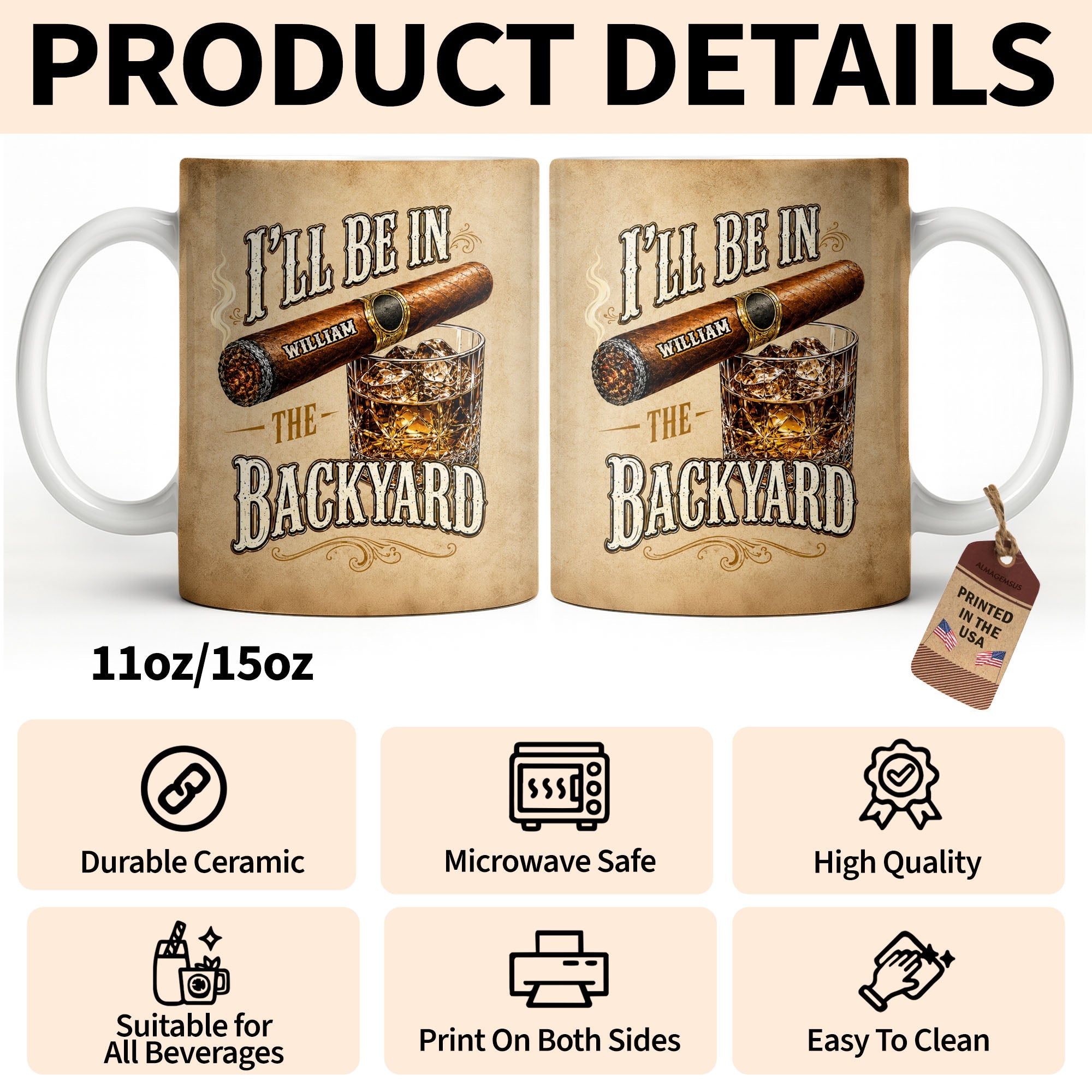 Personalized Cigar and Whiskey Glass Custom Mug Gift for Dad Edge-to-edge Mug GradoCreations