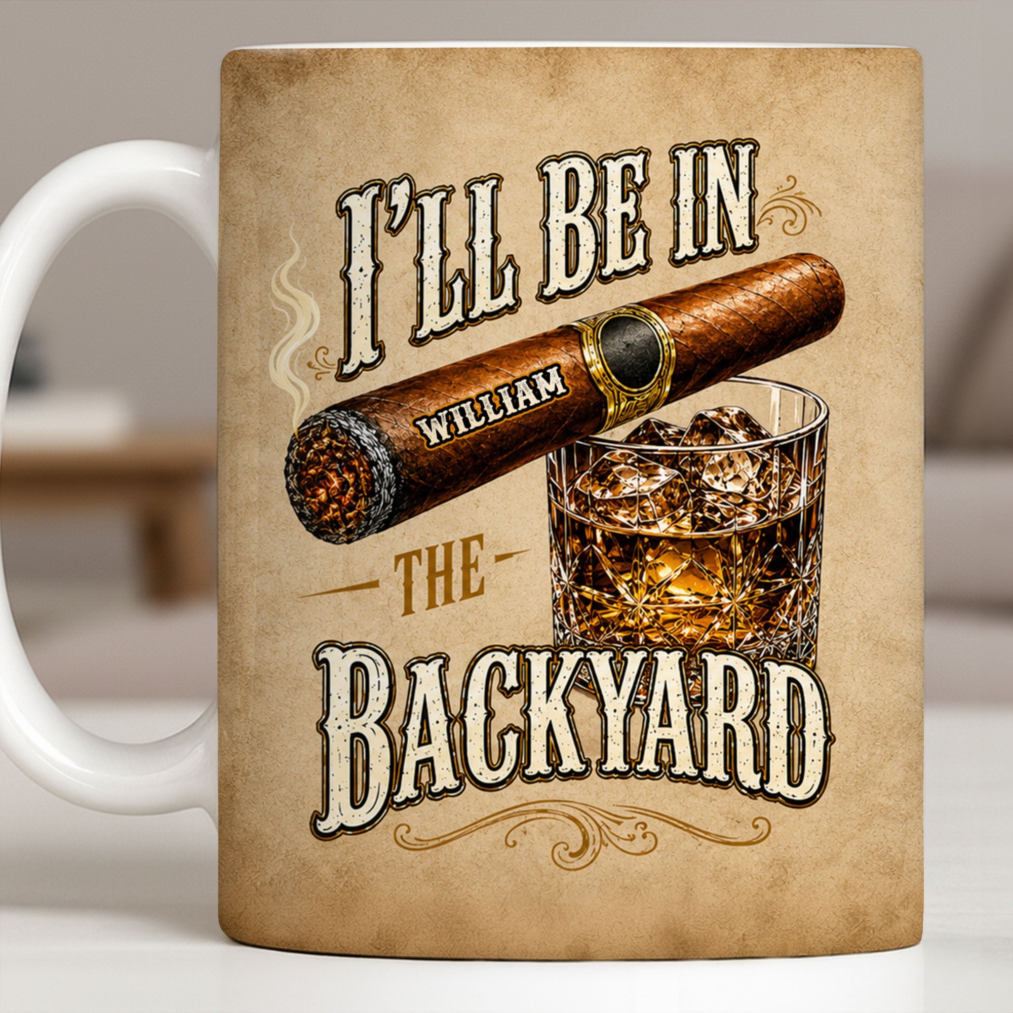 Personalized Cigar and Whiskey Glass Custom Mug Gift for Dad Edge-to-edge Mug GradoCreations