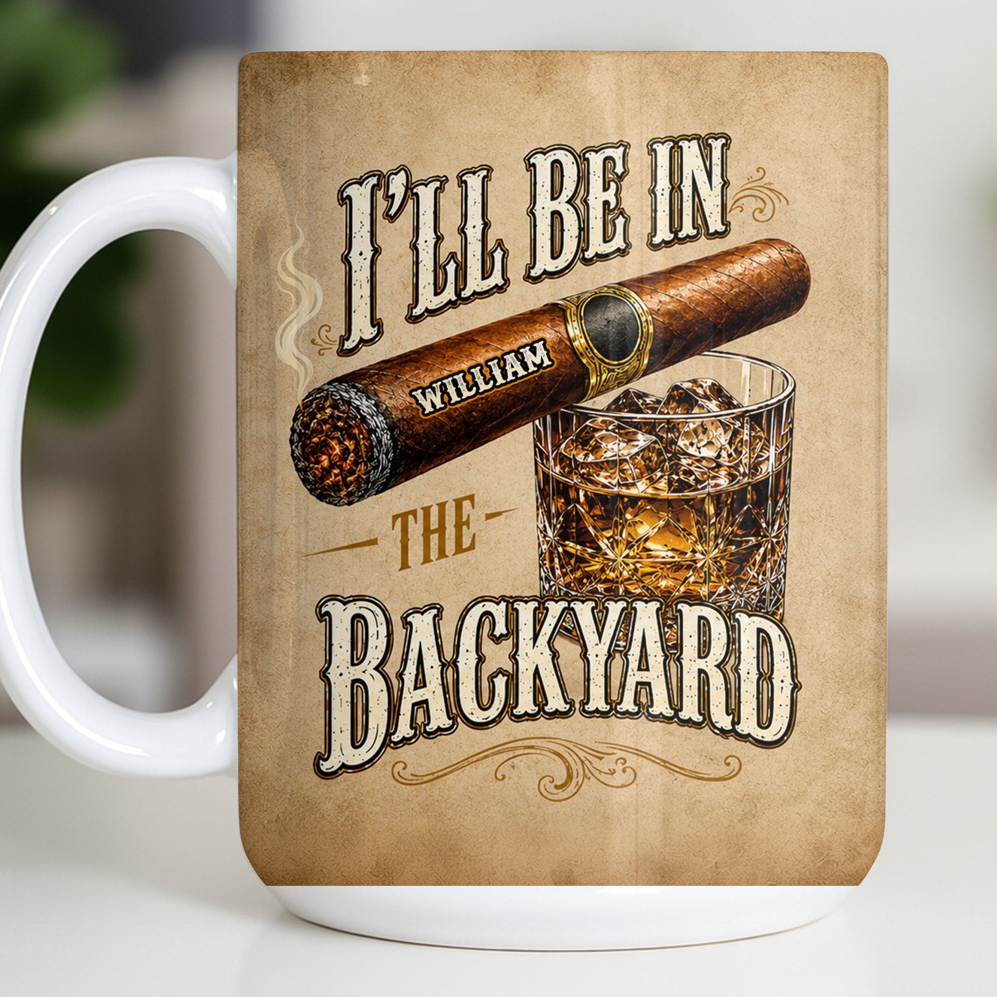 Personalized Cigar and Whiskey Glass Custom Mug Gift for Dad Edge-to-edge Mug GradoCreations