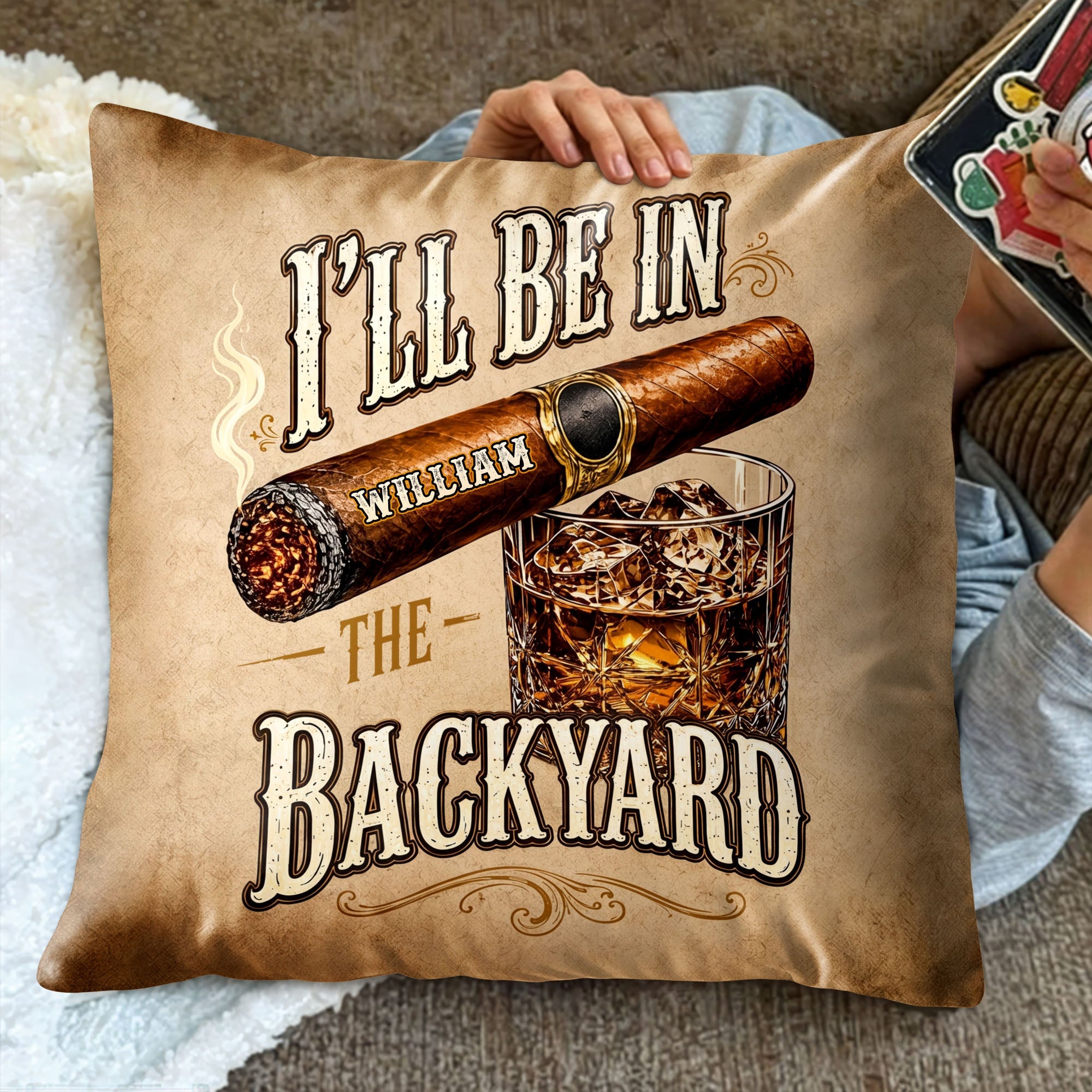 Personalized Cigar and Whiskey Pillow Custom Gift for Him