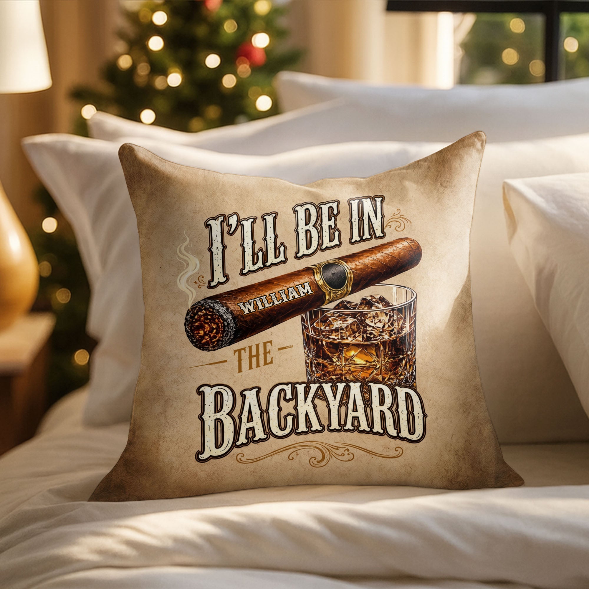 Personalized Cigar and Whiskey Pillow Custom Gift for Him