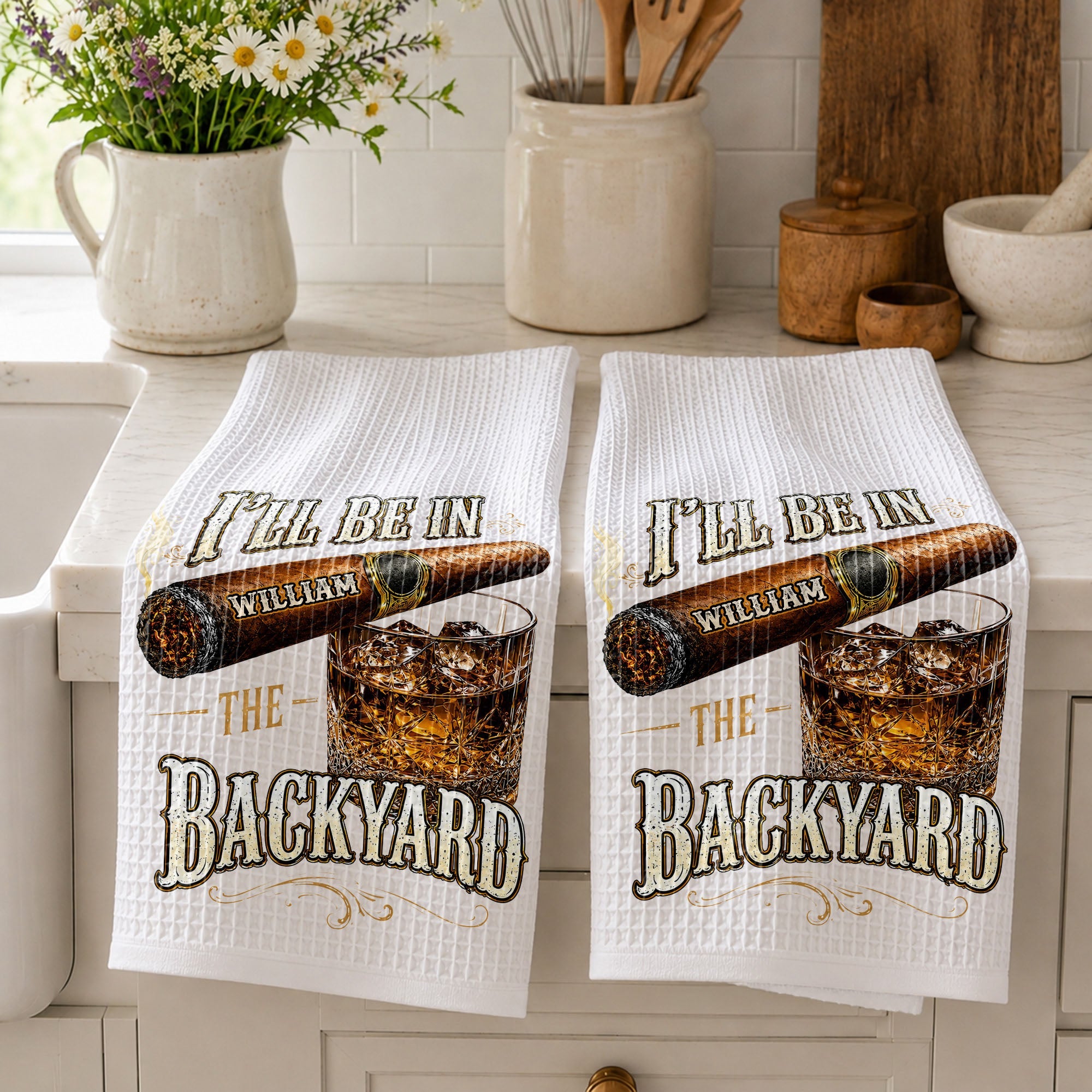 Personalized Kitchen Towel Custom Cigar Whiskey Gift for Him