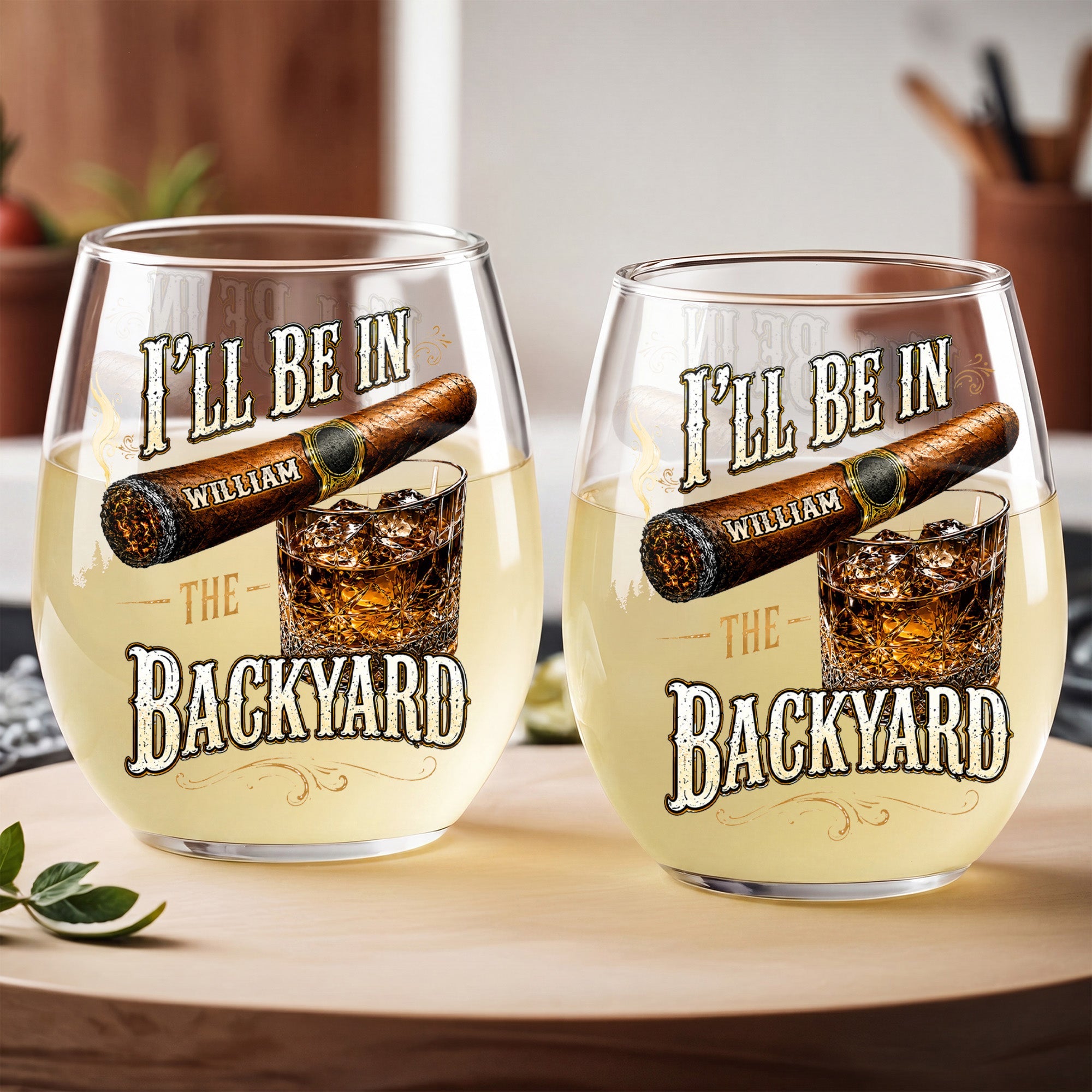 Personalized Stemless Wine Glass Custom Name Cigar Whiskey Gift for Men