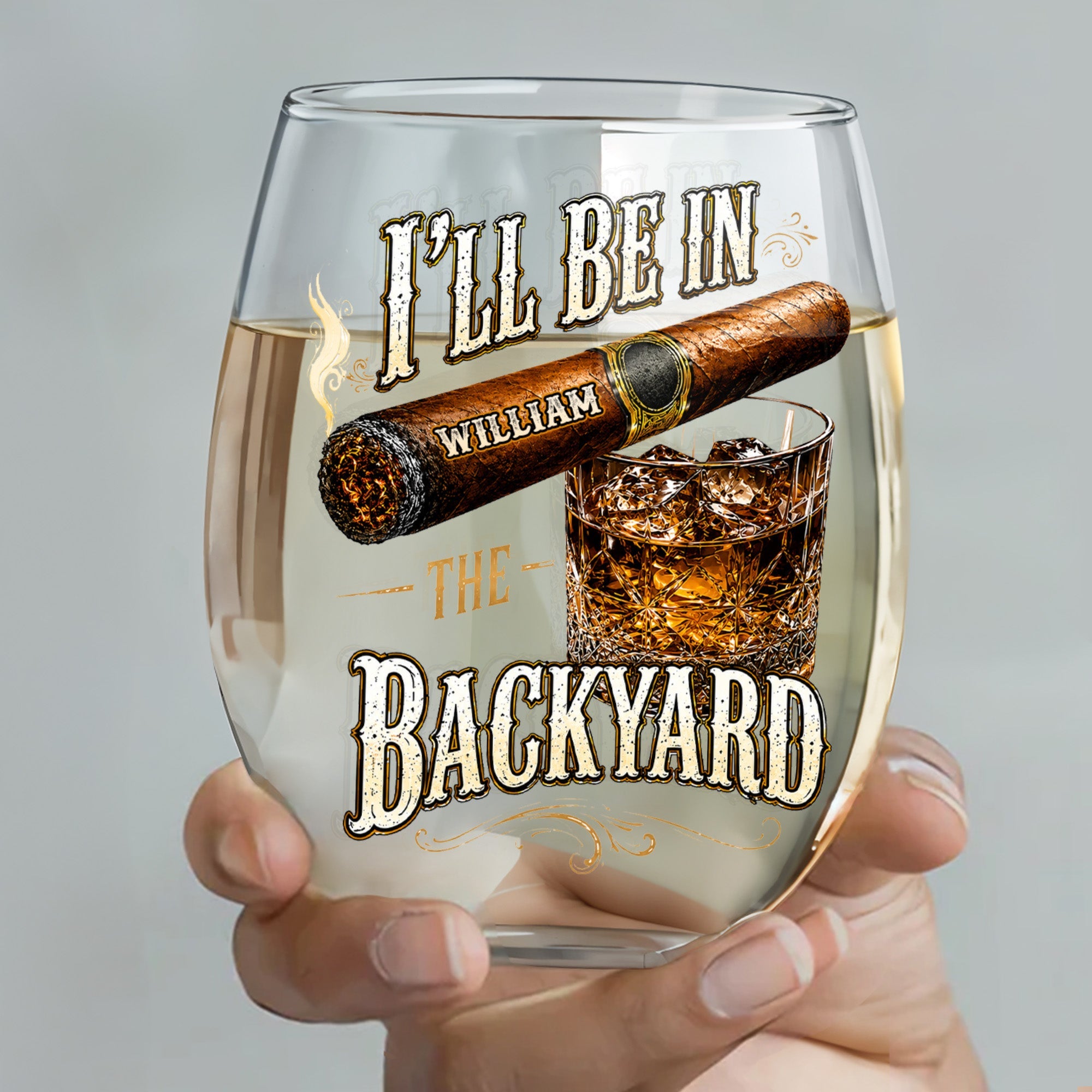 Personalized Stemless Wine Glass Custom Name Cigar Whiskey Gift for Men