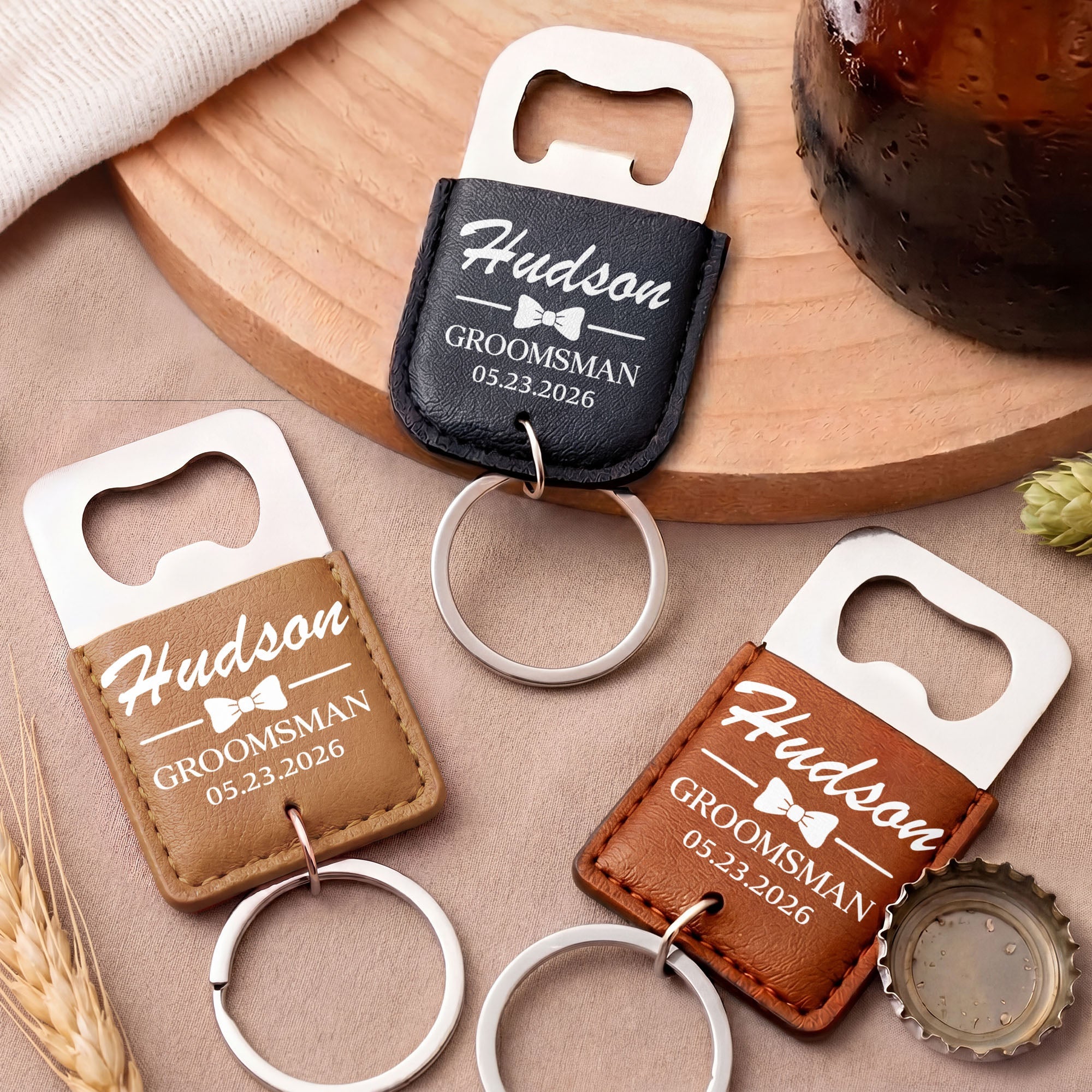 Personalized Leather Bottle Opener Keychain Custom Name Gift for Groomsman Leather Bottle Opener Keychain GradoCreations