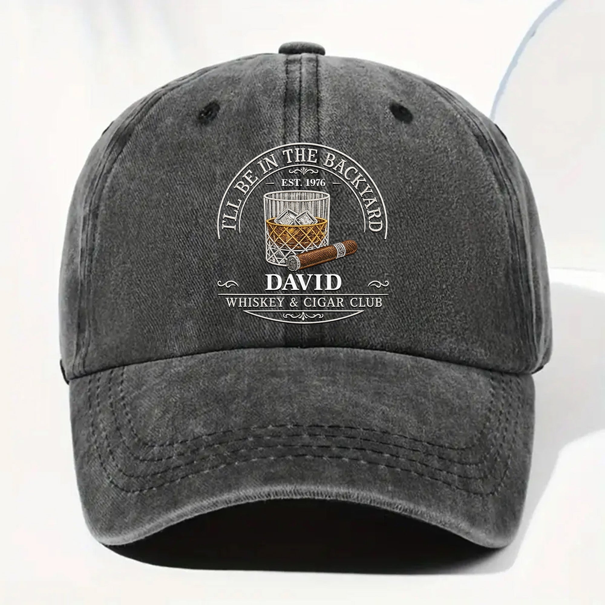 Personalized Washed Denim Cap for Him with Cigar Club Design Washed Denim Cap GradoCreations