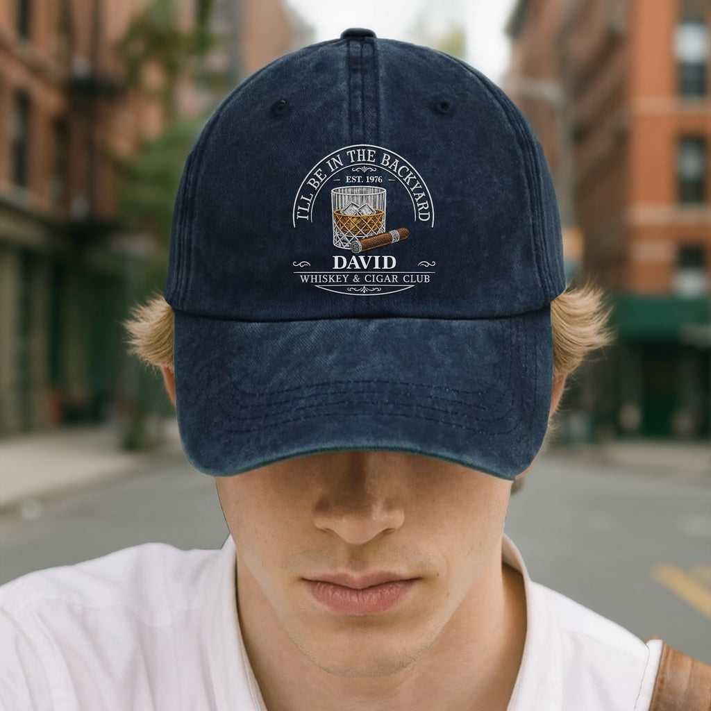 Personalized Washed Denim Cap for Him with Cigar Club Design Washed Denim Cap GradoCreations