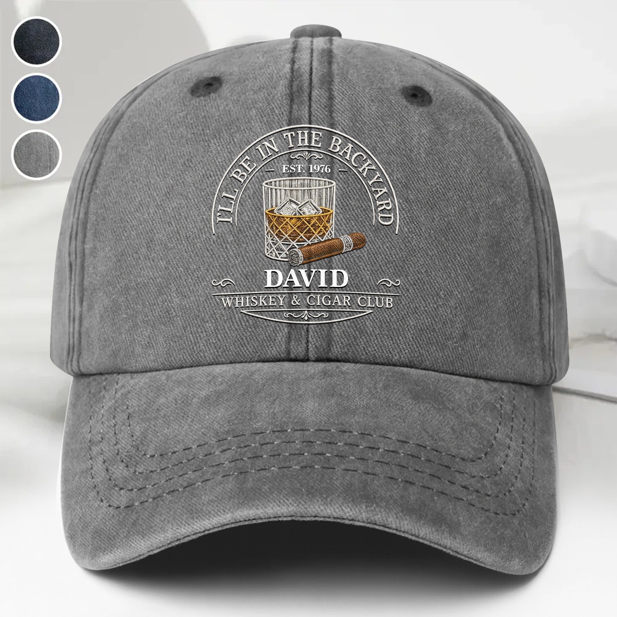 Personalized Washed Denim Cap for Him with Cigar Club Design Washed Denim Cap GradoCreations