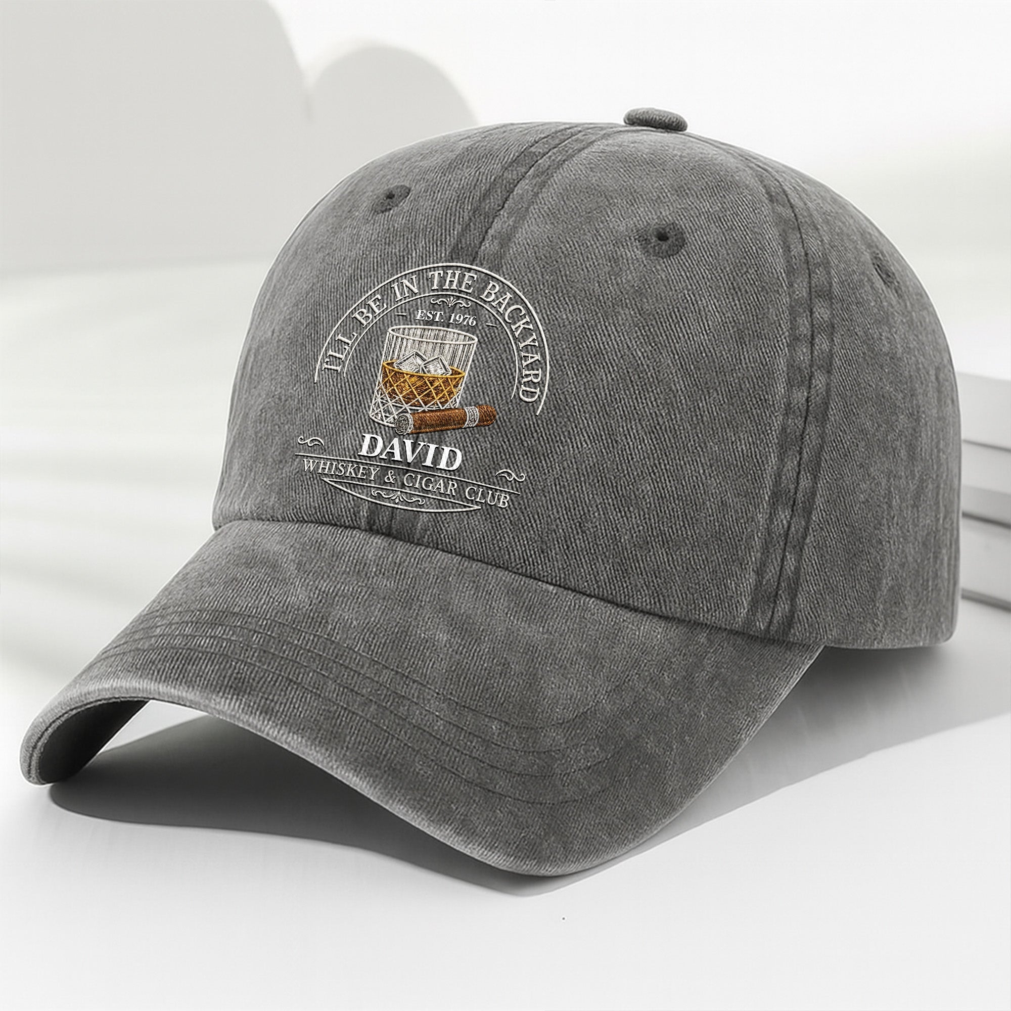 Personalized Washed Denim Cap for Him with Cigar Club Design Washed Denim Cap GradoCreations