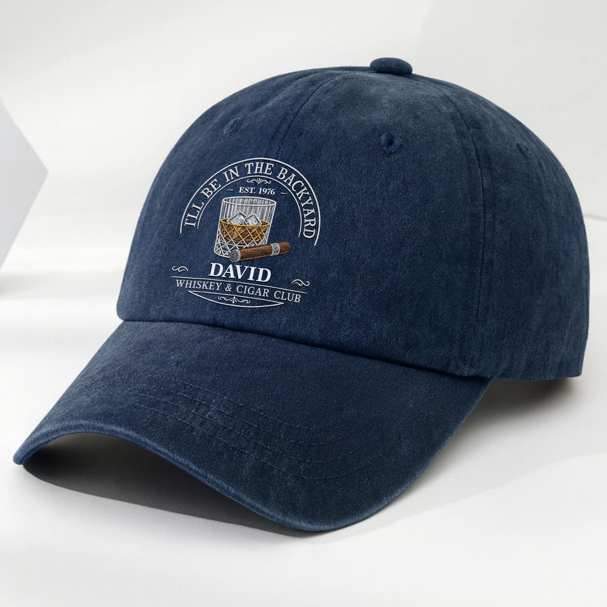Personalized Washed Denim Cap for Him with Cigar Club Design Washed Denim Cap GradoCreations