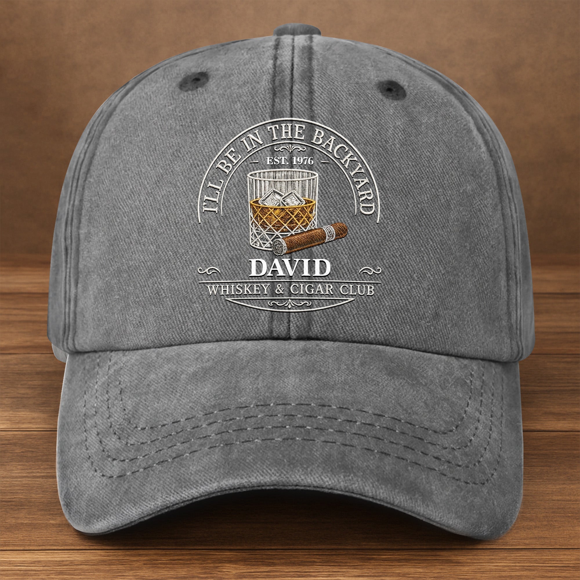 Personalized Washed Denim Cap for Him with Cigar Club Design Washed Denim Cap GradoCreations