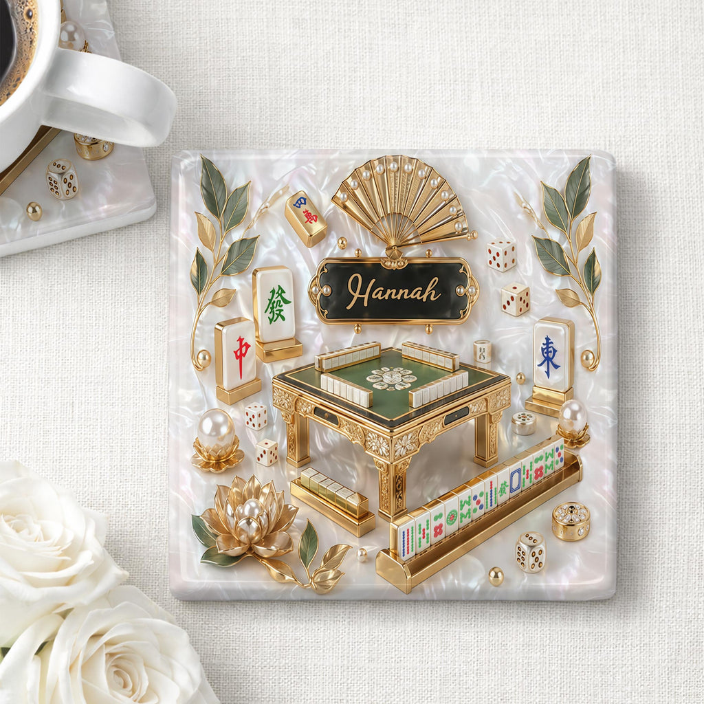 Personalized Mahjong Ceramic Coaster Custom Name Gift for Hobbyists Square Ceramic Coaster GradoCreations