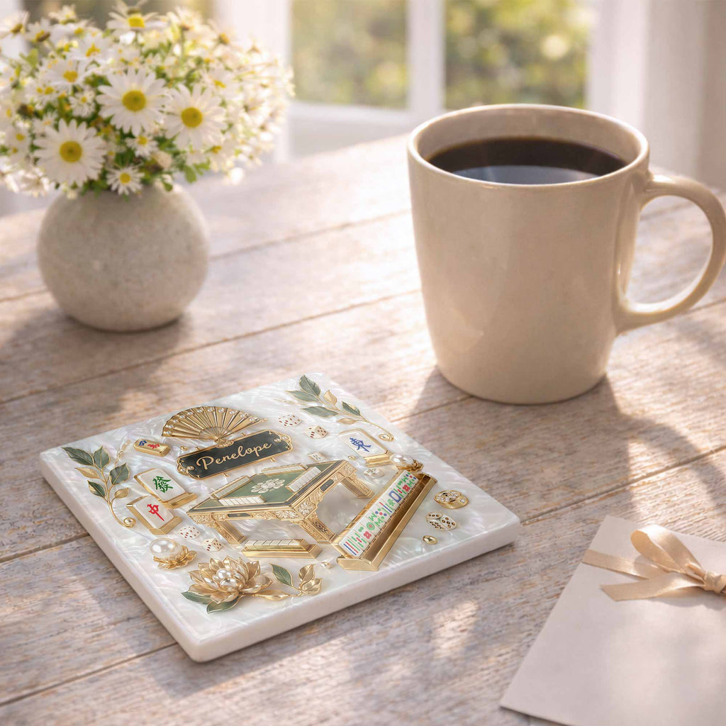 Personalized Mahjong Ceramic Coaster Custom Name Gift for Hobbyists Square Ceramic Coaster GradoCreations