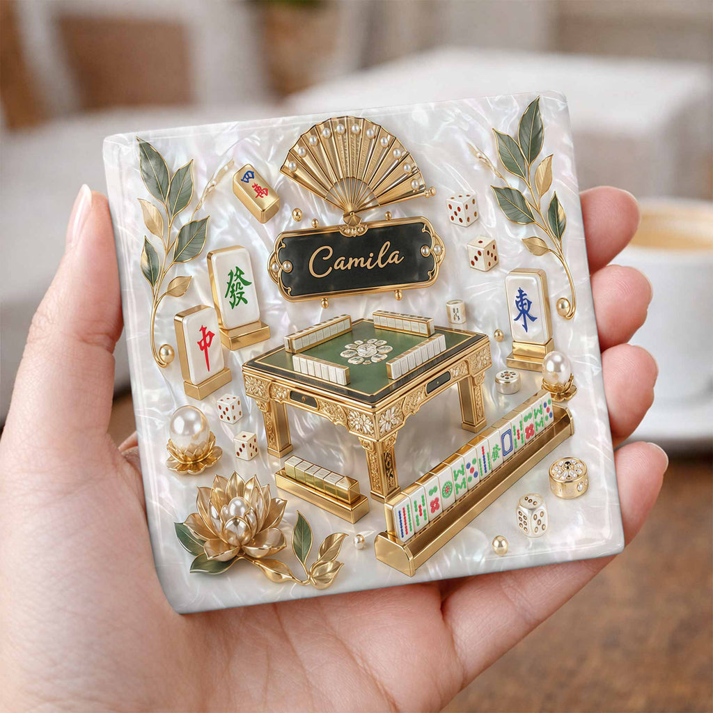 Personalized Mahjong Ceramic Coaster Custom Name Gift for Hobbyists Square Ceramic Coaster GradoCreations